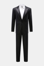 Tagliatore Tuxedo black displayed front-facing on a white background, Italian evening wear in pure Super 110'S virgin wool with slim fit, one-button jacket with satin lapel, signature pin, breast and jetted hip pockets, unfinished cuffs, and trousers with