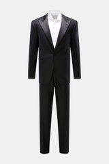 Tagliatore Tuxedo black displayed front-facing on a white background, Italian evening wear in pure Super 110'S virgin wool with slim fit, one-button jacket with satin lapel, signature pin, breast and jetted hip pockets, unfinished cuffs, and trousers with