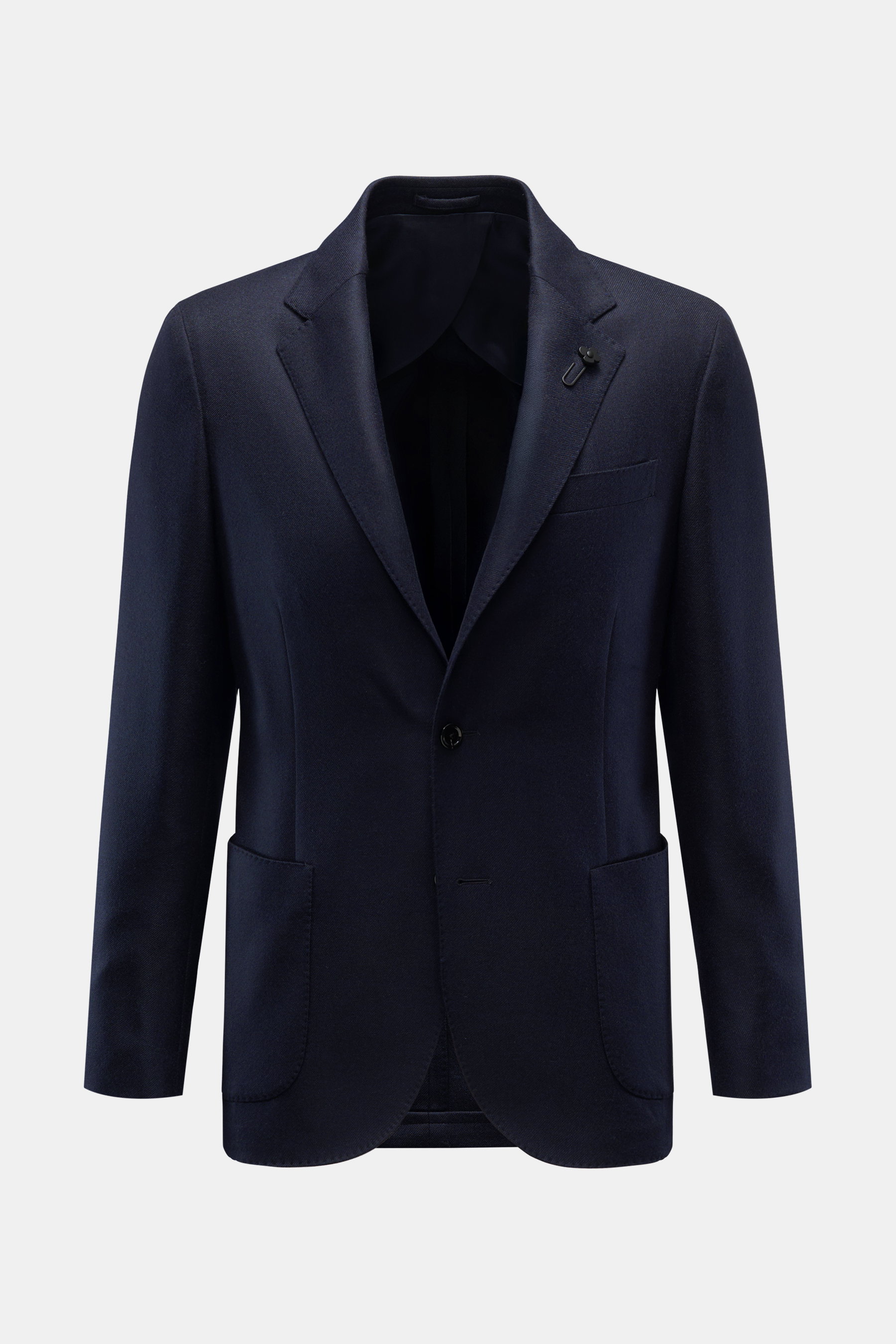 Lardini Cashmere Sakko dark navy, frontale Ansicht, Slim Fit, Unconstructed Design aus weichem reinem Cashmere, zwei Knöpfe, Blütenpin, Brust- und Hüfttaschen, unfertige Ärmelabschlüsse.