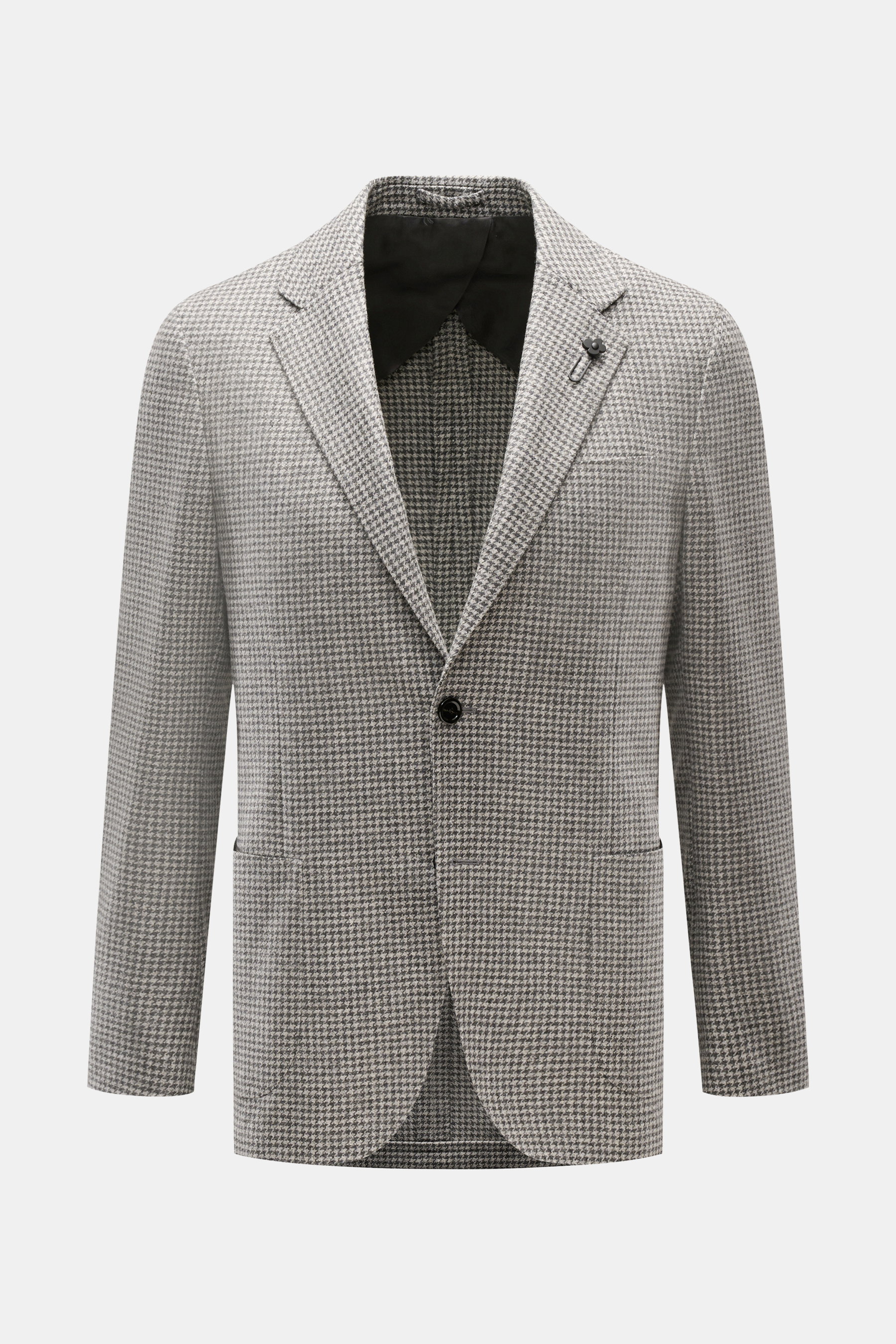 Lardini Sakko hellgrau/dunkelgrau kariert, Slim Fit, Unconstructed Design, Wolle-Cashmere, Glencheck, Zwei-Knopf, fallendes Revers, Blütenpin, Front- und Innentaschen, Ärmelabschlüsse unfertig, Rückenschlitze, frontal fotografiert.
