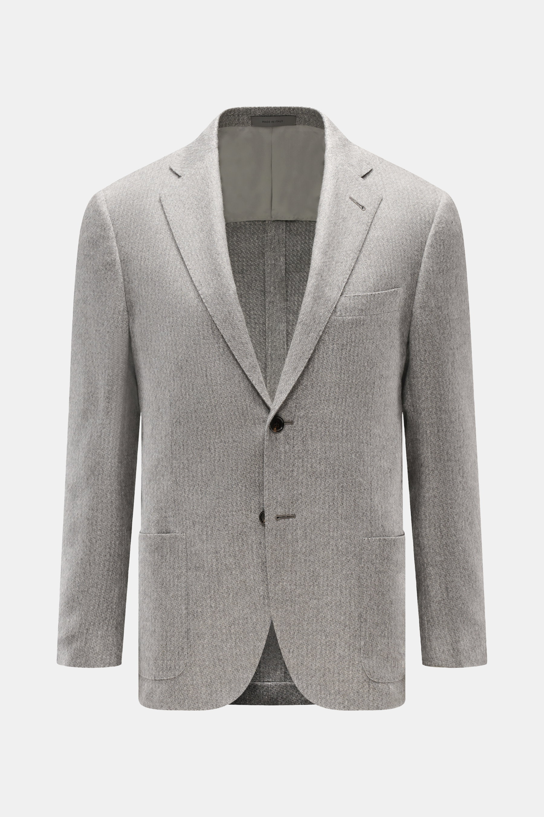 Corneliani Sakko grau meliert, frontal fotografiert, Slim Fit, halb gefüttert, Zwei-Knopf-Stil, Seide-Cashmere-Mix, Brust- und Hüfttaschen.