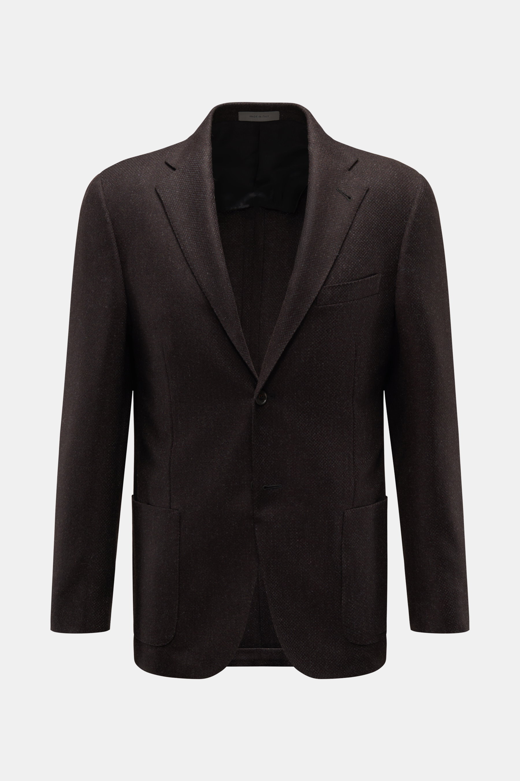 Corneliani Sakko dunkelbraun meliert, Slim Fit, aus Wolle & Cashmere, tailliert, mit fallendem Revers, Brust- und Hüfttaschen, frontale Ansicht.