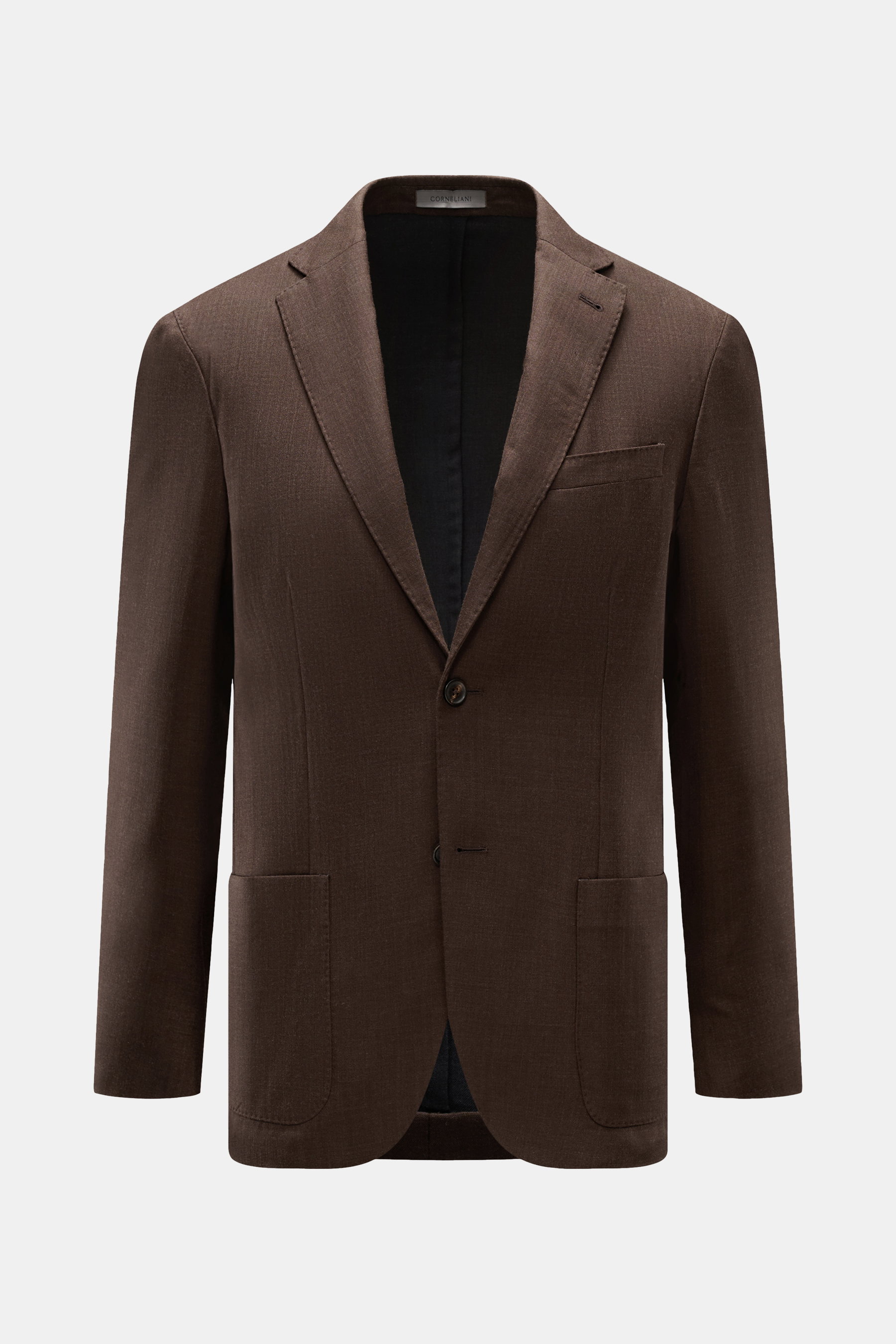 Corneliani Sakko dunkelbraun meliert, frontal fotografiert, Slim Fit, Mix aus Schurwolle und Seide, weicher Griff, taillierter Zwei-Knopf-Stil, fallendes Revers, klassische Brusttasche, aufgesetzte Hüfttaschen, Ärmelabschlüsse unfertig, rückwärtige Seiten