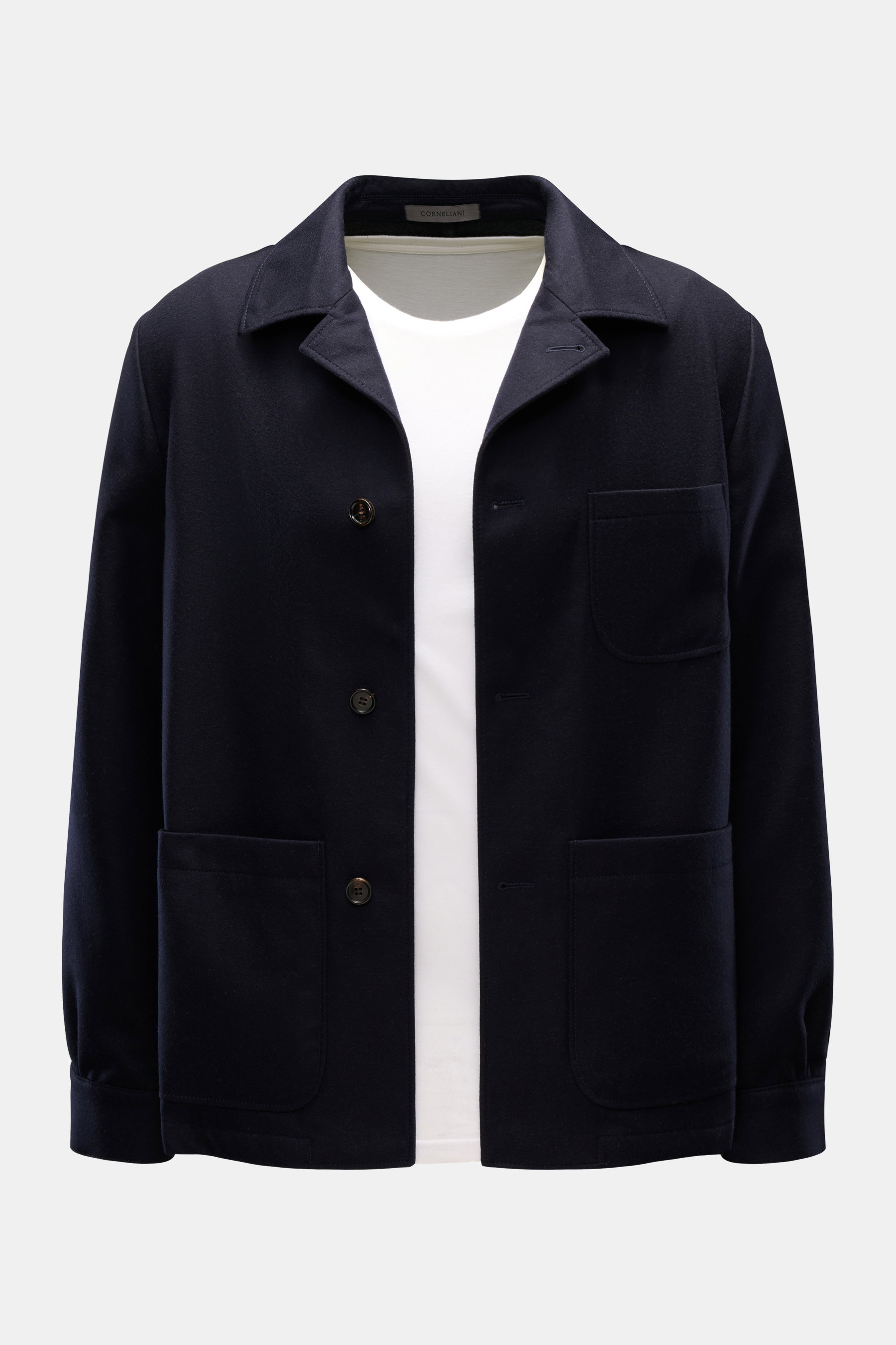 Corneliani Overshirt navy aus Schurwolle und Seide, Frontansicht, regular fit, variabler Kragen, Knopfleiste, Brust- und Hüfttaschen, Manschetten.