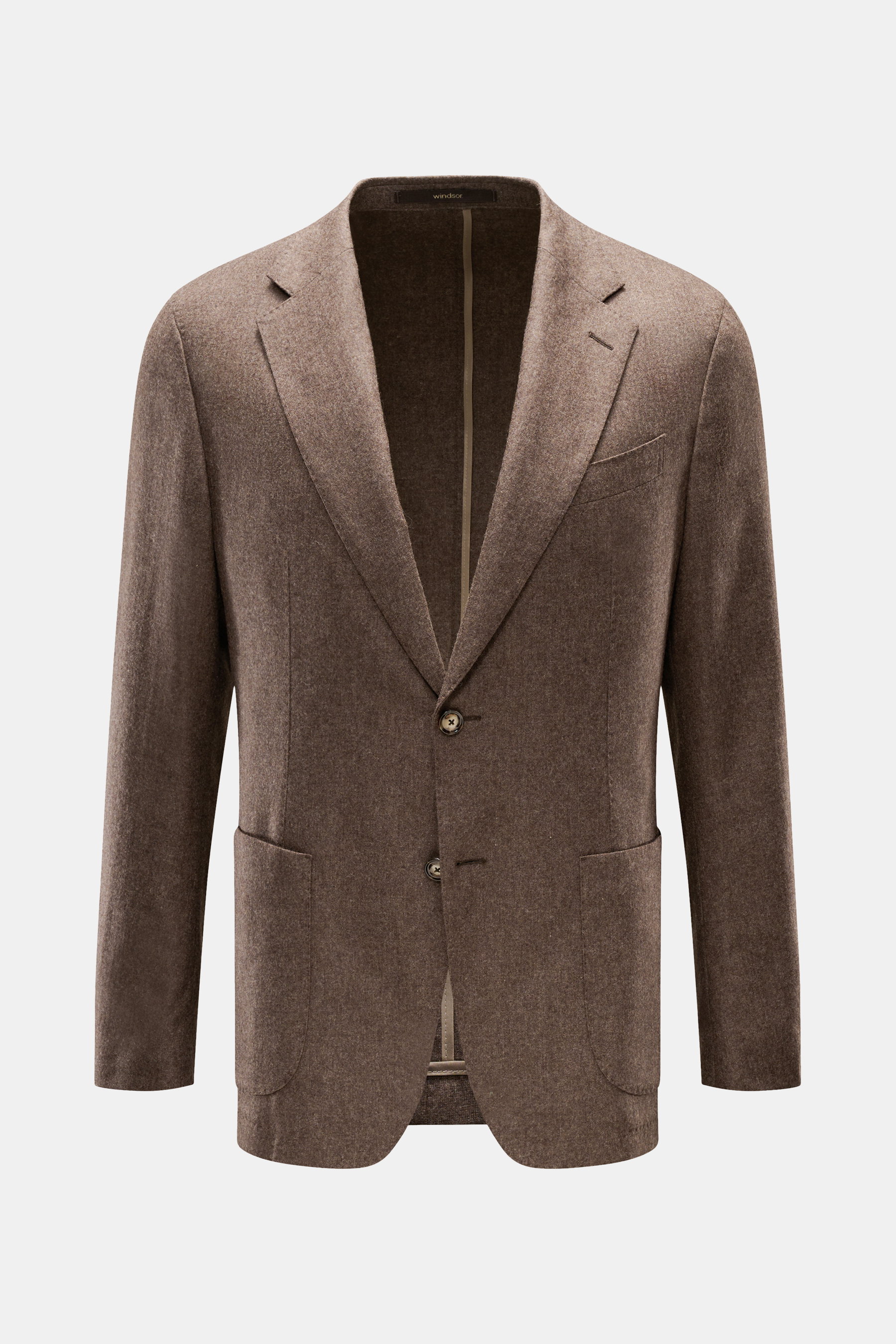 Windsor Sakko 'Giorno' graubraun meliert, leicht elastisch, Slim Fit, Unconstructed Design, fallendes Revers, Zwei-Knopf-Stil, Kissing Buttons, Taschen, frontale Ansicht.