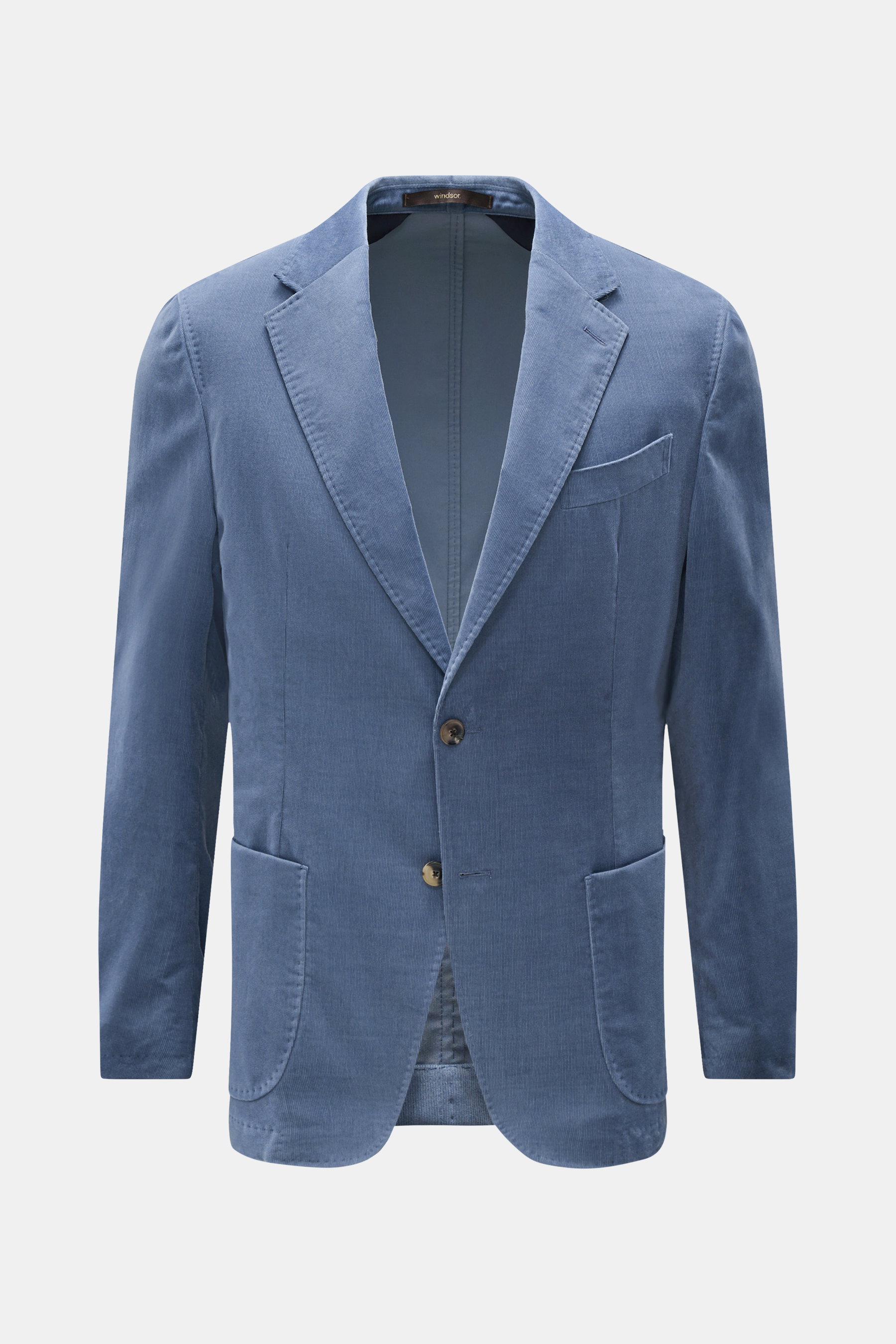 Windsor Cordsakko 'Gio' rauchblau, Slim Fit, Feincord aus Baumwolle, softer Griff, fallendes Revers, Zwei-Knopf-Stil, Brusttasche, Hüfttaschen, Kissing Buttons, Seitenschlitze, Unconstructed Design, drei Innentaschen, frontale Perspektive.