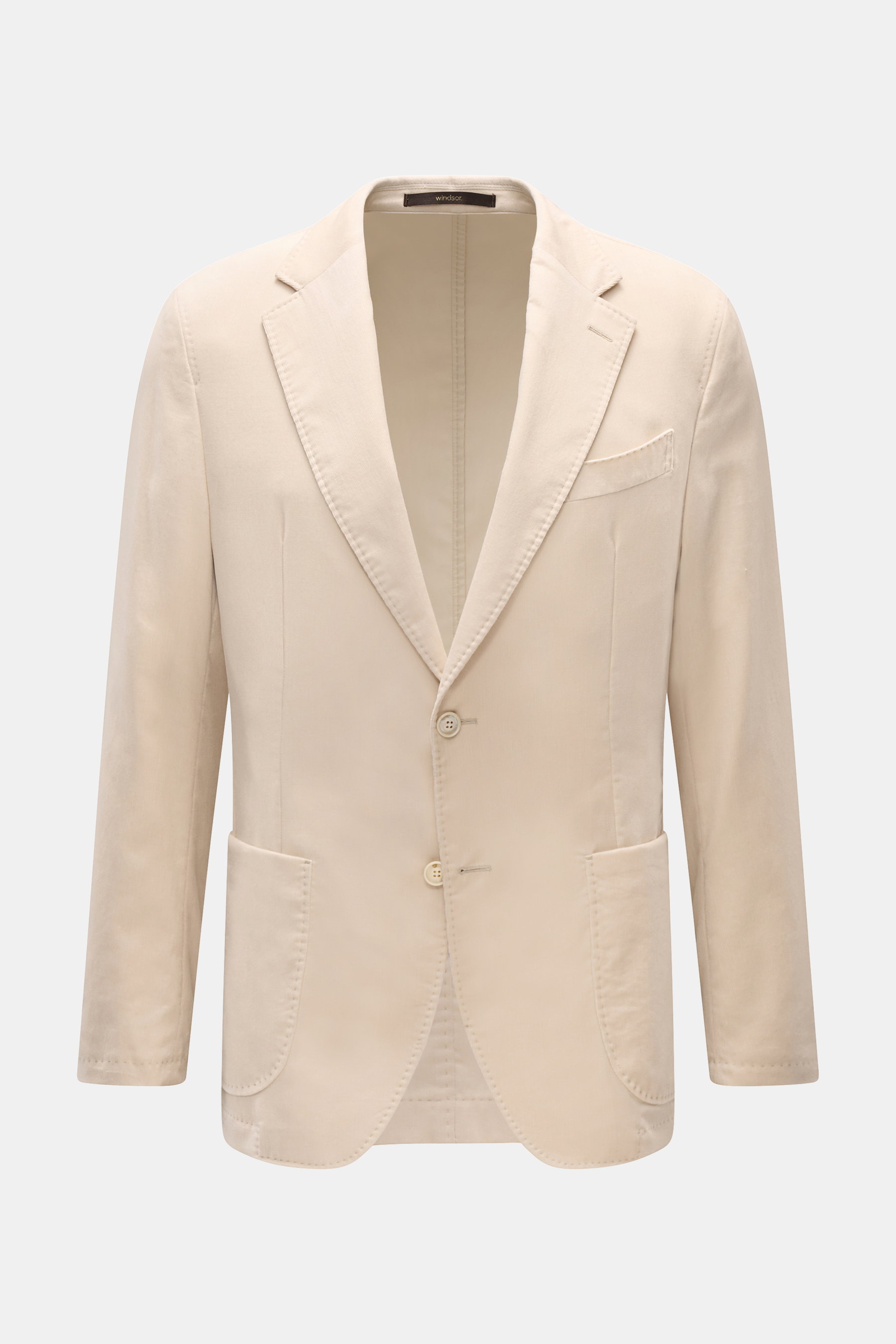 Windsor Cordsakko 'Gio' creme, Frontalansicht, Feincord aus reiner Baumwolle, softer Griff, Slim Fit, fallendes Revers, Zwei-Knopf-Stil, klassische Brusttasche, aufgesetzte Hüfttaschen, Kissing Buttons, rückwärtige Seitenschlitze, Unconstructed Design, dr