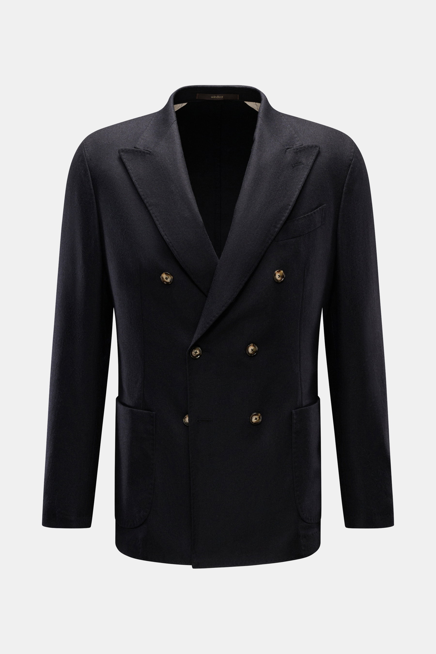 Windsor Sakko 'Salio' dark navy, frontale Aufnahme, Slim Fit, zweireihiger Drei-Knopf-Stil, Woll-Mix, Spitzrevers, Brust- und Hüfttaschen, weicher Griff, elastisch, Unconstructed Design.