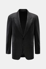 Tom Ford Sakko 'Shelton' dunkelgrau meliert, Slim Fit, tailliert mit tonalem Fischgrat, Spitzrevers, Zwei-Knopf-Stil, frontale Aufnahme.