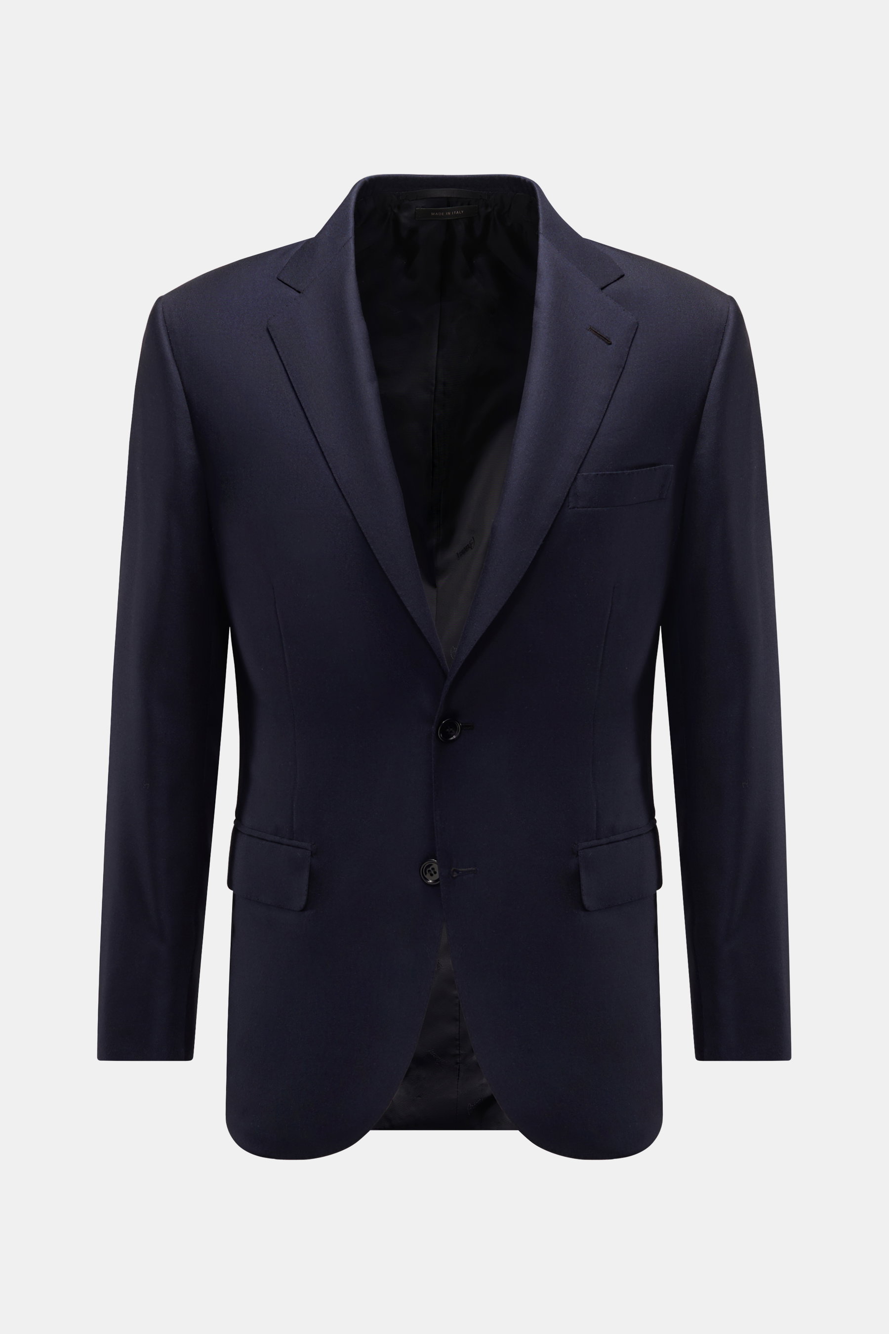 Brioni Sakko 'New Plume' navy, frontale Ansicht, taillierter Slim Fit mit Cashmere-Seide-Mix, weicher Griff, Zwei-Knopf-Stil, Brust- und Hüfttaschen.