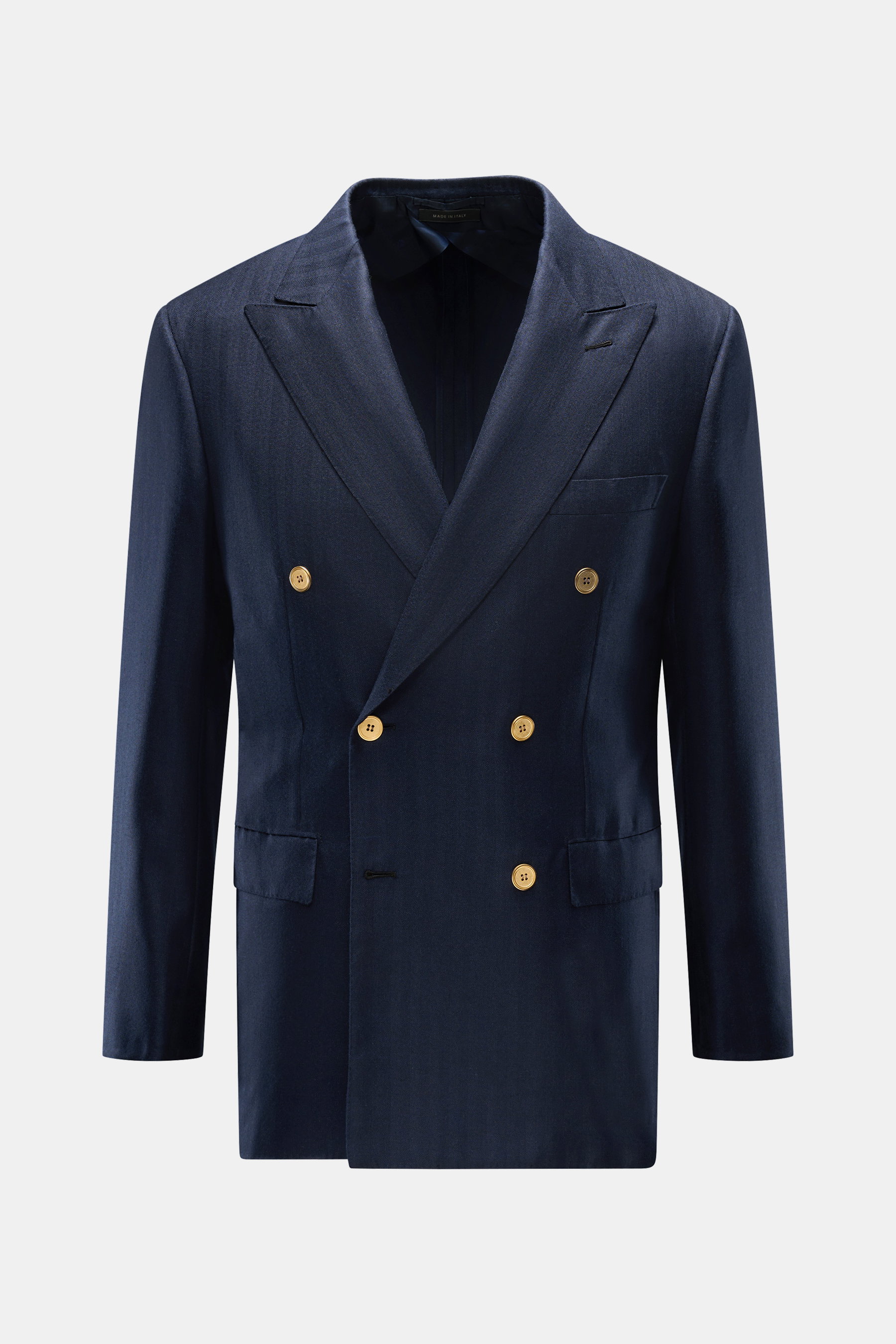 Brioni Sakko 'New Plume' navy, frontal fotografiert, Slim Fit Zweireiher mit goldfarbenen Knöpfen, tonalem Fischgrat aus Cashmere-Seide-Mix.