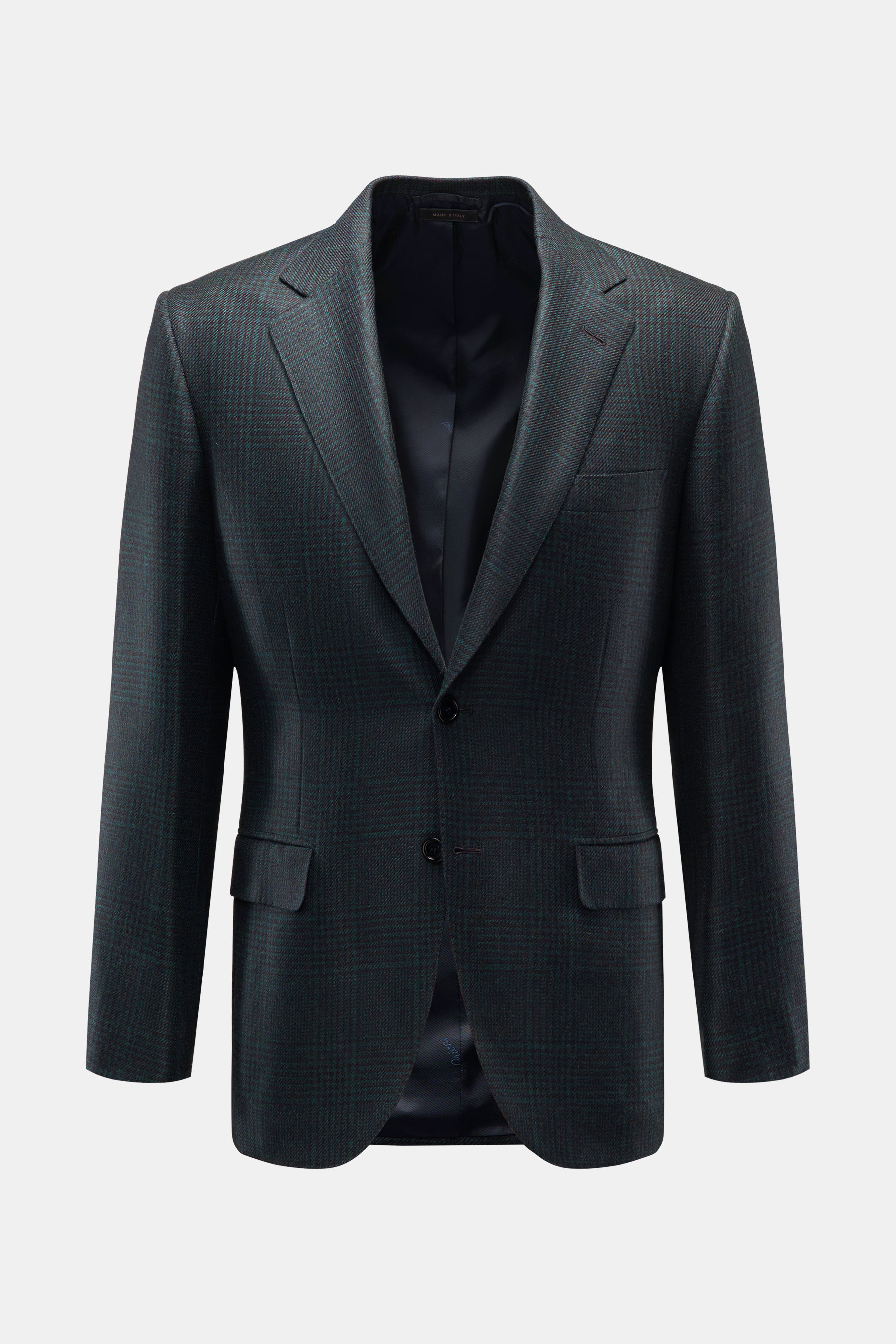 Brioni Cashmere Sakko 'New Plume' dunkelgrün/schwarz kariert, Slim Fit, tailliert, Glencheck, fallendes Revers, Zwei-Knopf-Stil, weiches Futter, Frontansicht.