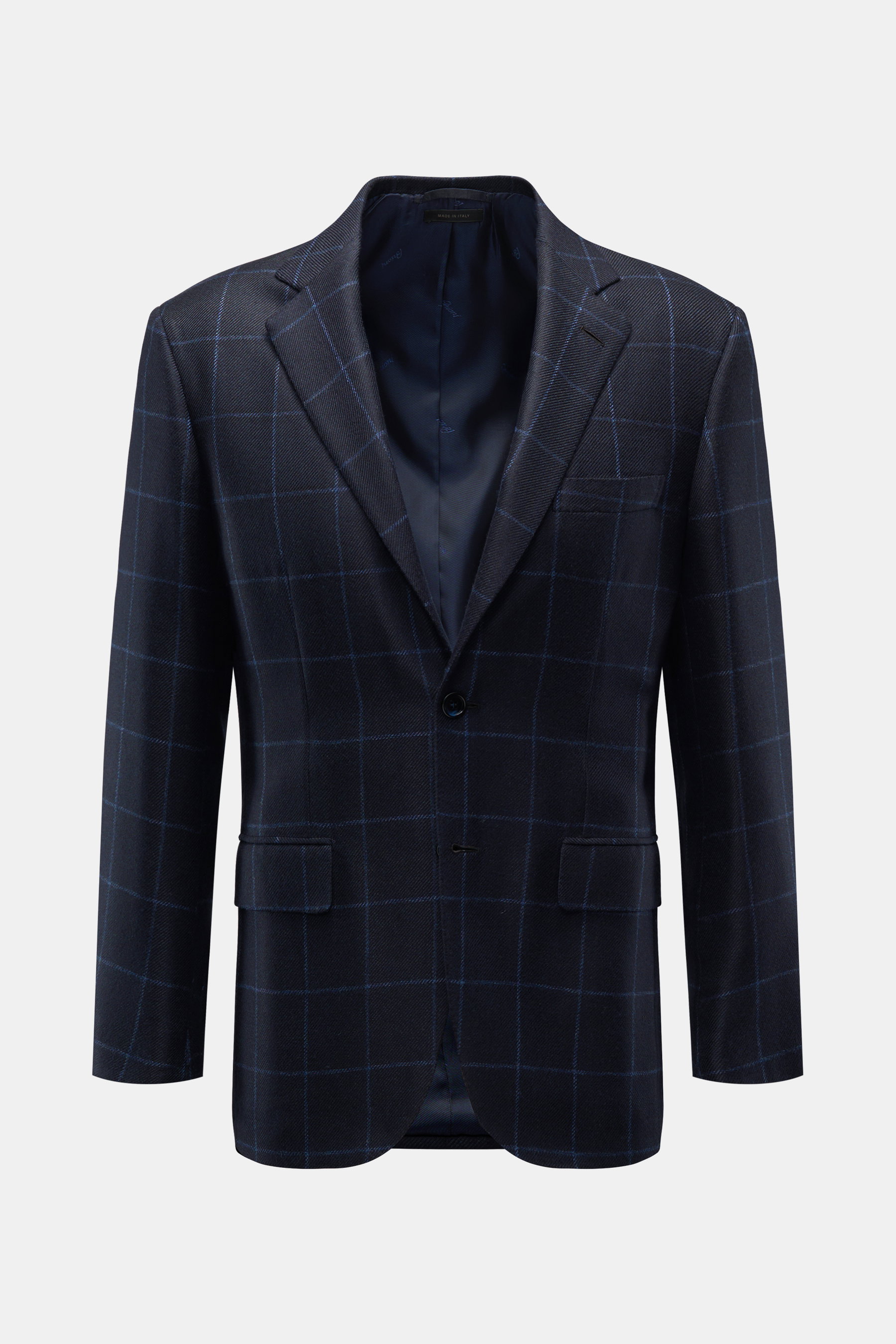 Brioni Cashmere Sakko 'New Plume' dark navy/blau kariert, Slim Fit, tailliert, zwei Knöpfe, fallendes Revers, weiches Futter, frontale Ansicht.