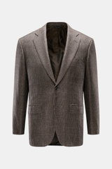 Brioni Cashmere Sakko 'New Plume' dunkelbraun/graubraun kariert, Slim Fit, Glencheck, Zwei-Knopf-Stil, fallendes Revers, Brust- und Hüfttaschen, rückwärtige Seitenschlitze, gebrandetes Futter, Ansicht von vorne.