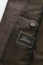 Brioni Cashmere Sakko 'New Plume' dunkelbraun/graubraun kariert, Detailansicht Innenfutter mit Label, reiner Cashmere, Glencheck-Muster.