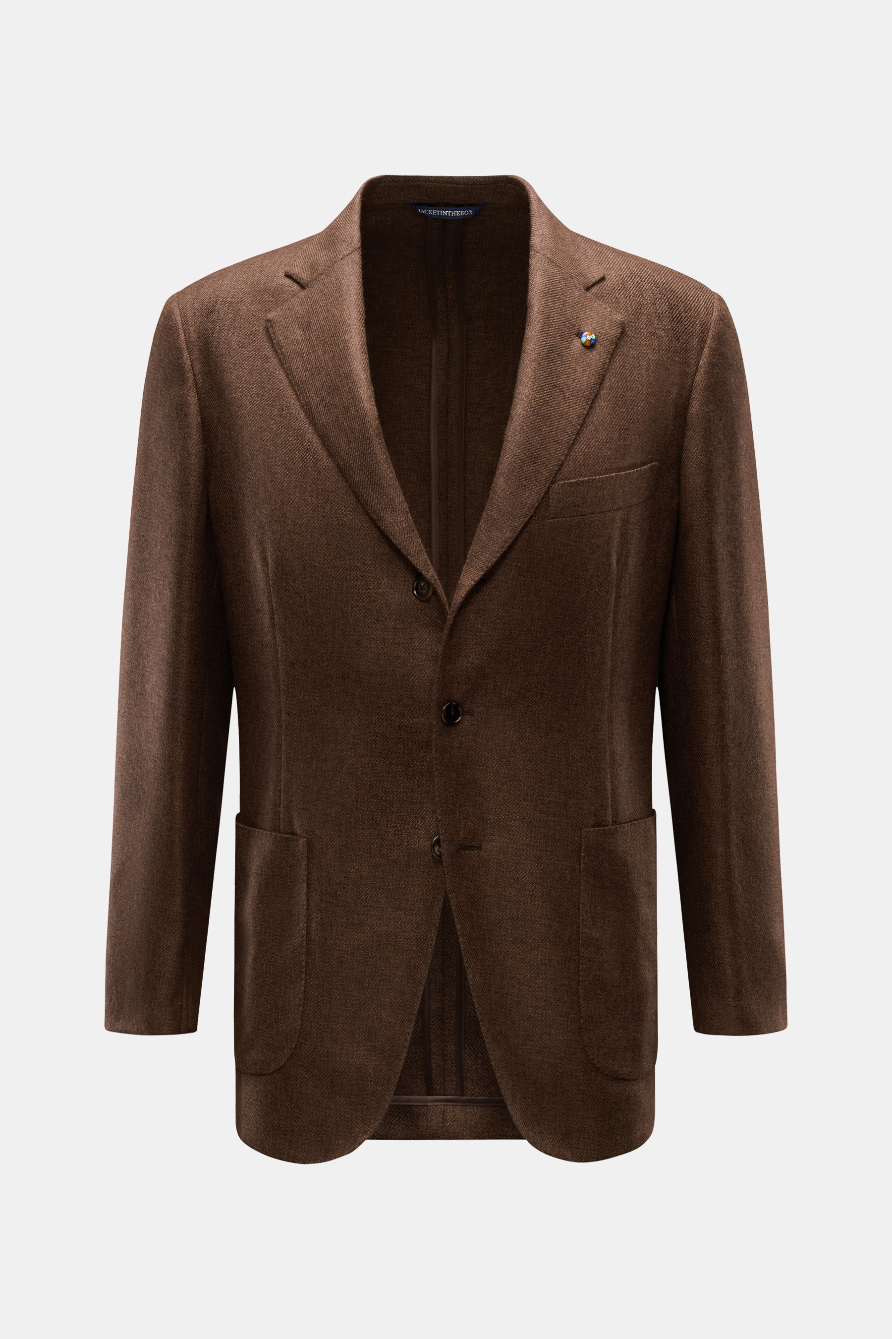 Belvest Cashmere Sakko dunkelbraun meliert, Slim Fit, tailliert, Drei-Knopf-Stil, fallendes Revers, Brust- und Hüfttaschen, weicher Griff, frontal fotografiert.
