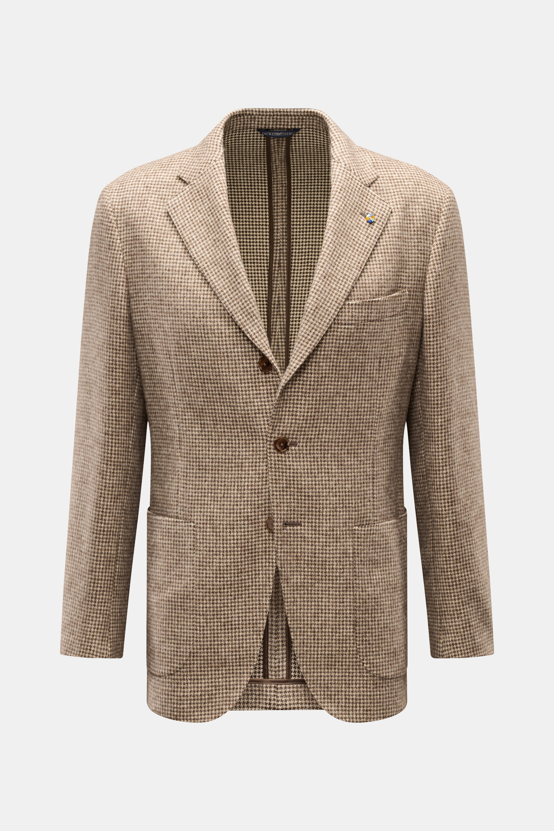 Belvest Sakko beige/dunkelbraun kariert, Slim Fit, Taillierter Drei-Knopf-Stil, Hahnentritt-Muster aus reiner Yak-Wolle, frontale Ansicht.