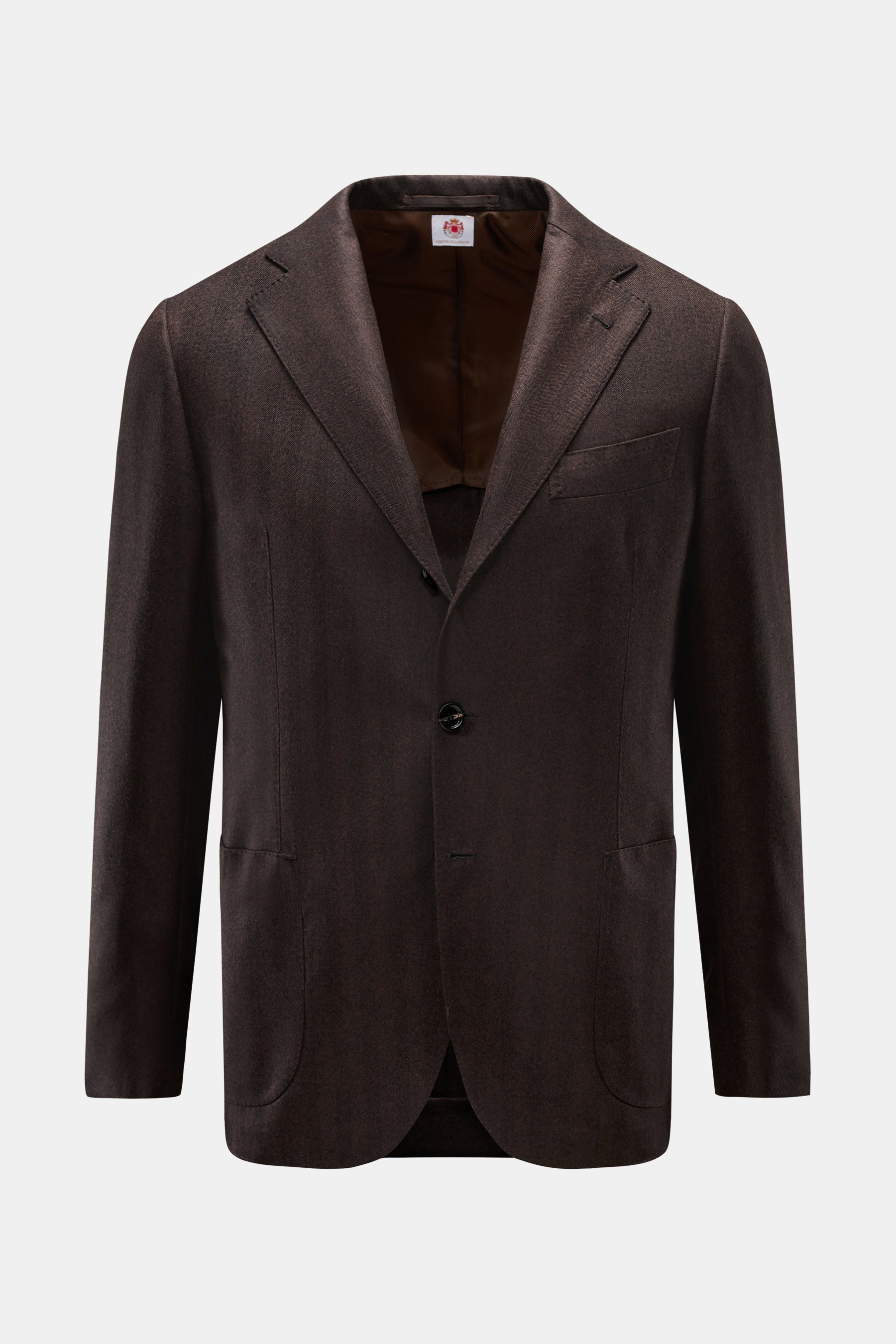 Front view of Borrelli Sakko 'Procida' dunkelbraun, a slim fit dark brown jacket in reine Schurwolle with tonal herringbone, softer grip, taillierter Drei-Knopf-Stil, fallendes Revers, klassische Brusttasche, aufgesetzte Hüfttaschen, Ärmelabschlüsse unfer