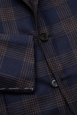 Nahaufnahme von Borrelli Sakko 'Procida' dunkelblau/beige kariert, Slim Fit, taillierter Drei-Knopf-Stil mit fallendem Revers, stabile Haptik, Mix aus Wolle, Seide und Leinen.