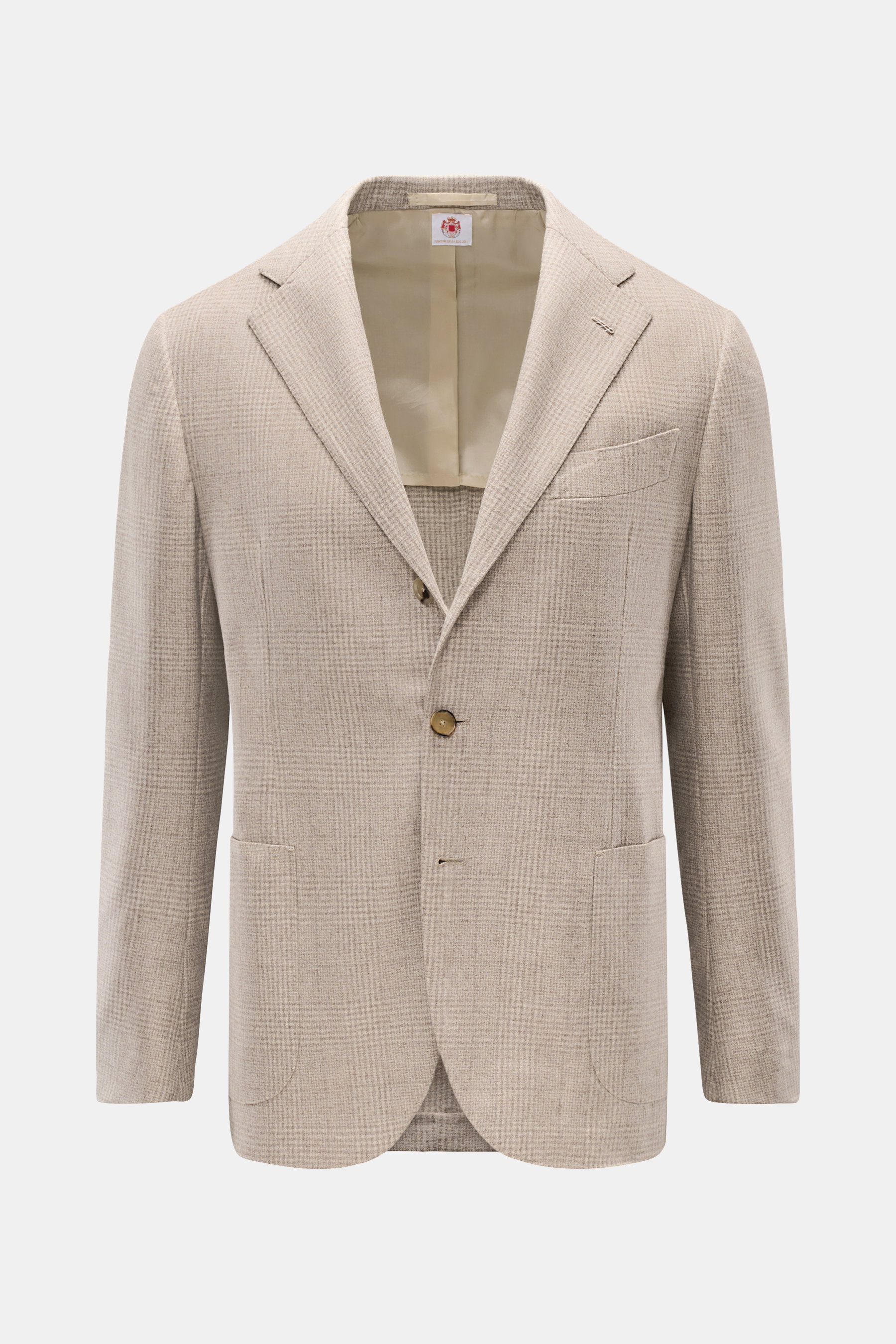 Borrelli Sakko 'Procida' beige/hellgrau kariert, Slim Fit, aus reiner Schurwolle mit klassischem Karomuster, frontale Produktansicht, taillierter Drei-Knopf-Stil.