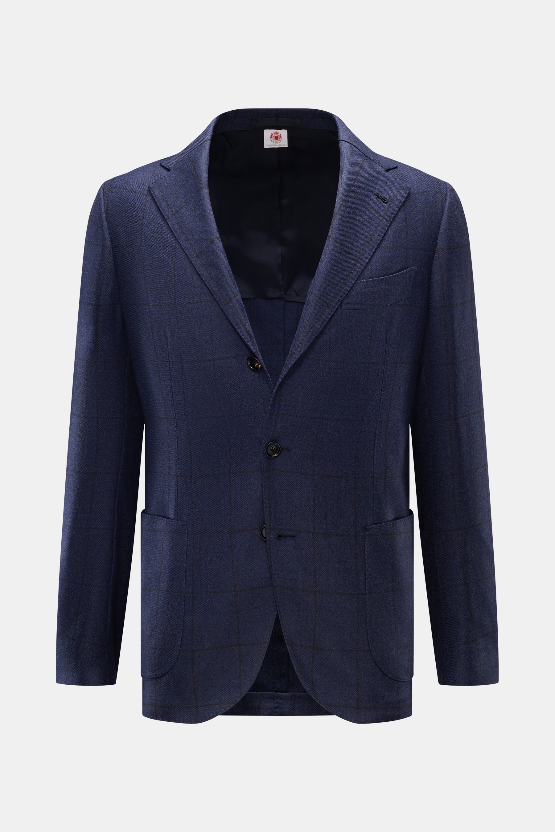 Borrelli Sakko 'Procida' navy/schwarz kariert, Slim Fit, taillierter Drei-Knopf-Stil, fallendes Revers, reine Schurwolle, softer Griff, grobes Karomuster, halb gefüttert, Brusttasche, Hüfttaschen, Ärmelabschlüsse unfertig, Seitenschlitze, zwei Innentasche