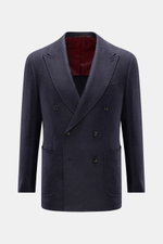 Stile Latino Sakko 'Andrea' dark navy, frontale Ansicht, zweireihig mit Spitzrevers, Panama aus Wolle, Alpaka, Seide, Slim Fit, Brust- und aufgesetzte Hüfttaschen.