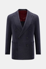 Stile Latino Sakko 'Andrea' dark navy, frontale Ansicht, zweireihig mit Spitzrevers, Panama aus Wolle, Alpaka, Seide, Slim Fit, Brust- und aufgesetzte Hüfttaschen.
