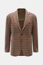 Frontale Aufnahme des Stile Latino Cashmere Sakkos 'Vincenzo' camel/dunkelbraun/schwarz kariert aus reiner Wolle mit Slim Fit, Karomuster, fallendem Revers und aufgesetzten Taschen.
