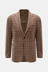 Frontale Aufnahme des Stile Latino Cashmere Sakkos 'Vincenzo' camel/dunkelbraun/schwarz kariert aus reiner Wolle mit Slim Fit, Karomuster, fallendem Revers und aufgesetzten Taschen.