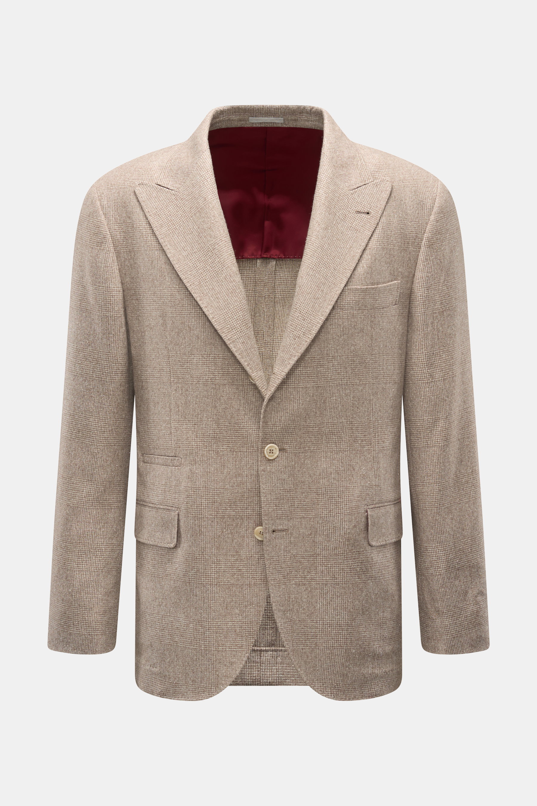 Front view of Brunello Cucinelli Smart-casual jacket grey-brown/cream checked, a slim-fit three-button jacket in a blend of silk, wool, and cashmere with classic glen check, pointed lapel, breast pocket, flap hip pockets, small ticket pocket, unfinished s