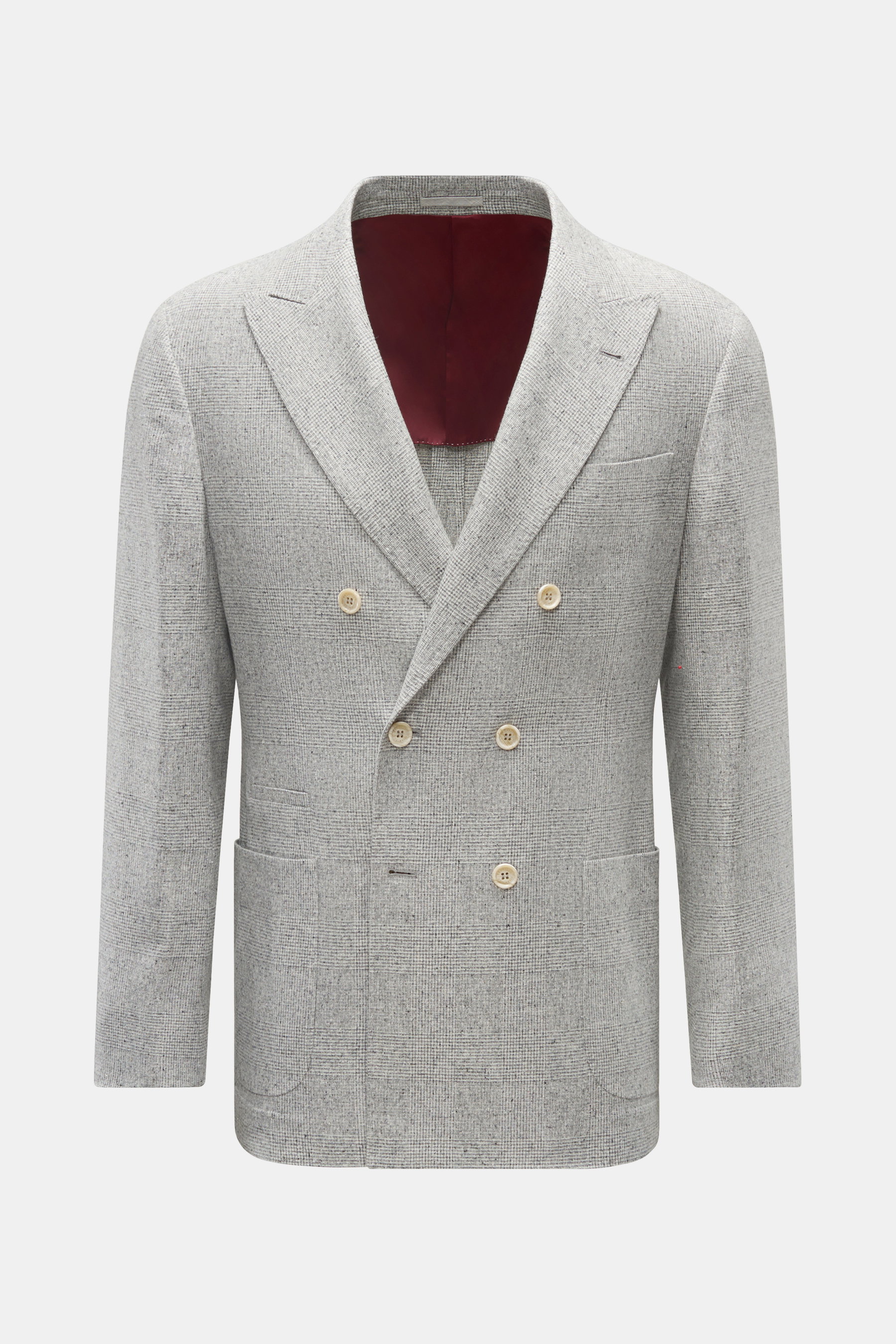 Brunello Cucinelli Sakko creme/grau kariert, slim Fit, zweireihig, Glencheck, Seide-Wolle-Cashmere, Hornknöpfe, weich, halb gefüttert, frontal fotografiert.