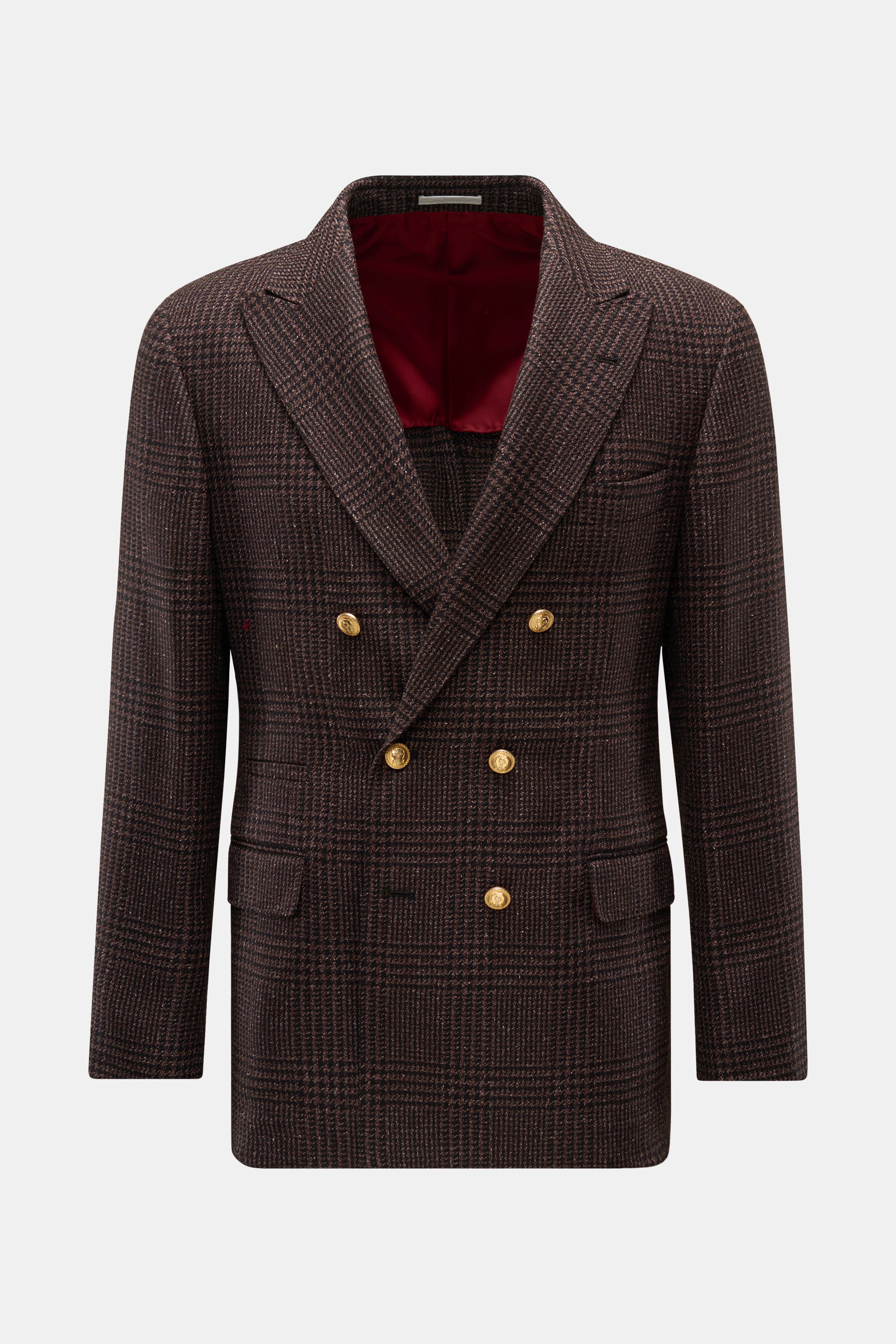 Brunello Cucinelli Sakko schwarz/braun kariert, Slim Fit, tonaler Glencheck, zweireihig, drei Knöpfe, goldfarbene Logo-Knöpfe, weicher Griff, Mix aus Wolle, Alpaka und Seide, von vorne fotografiert.