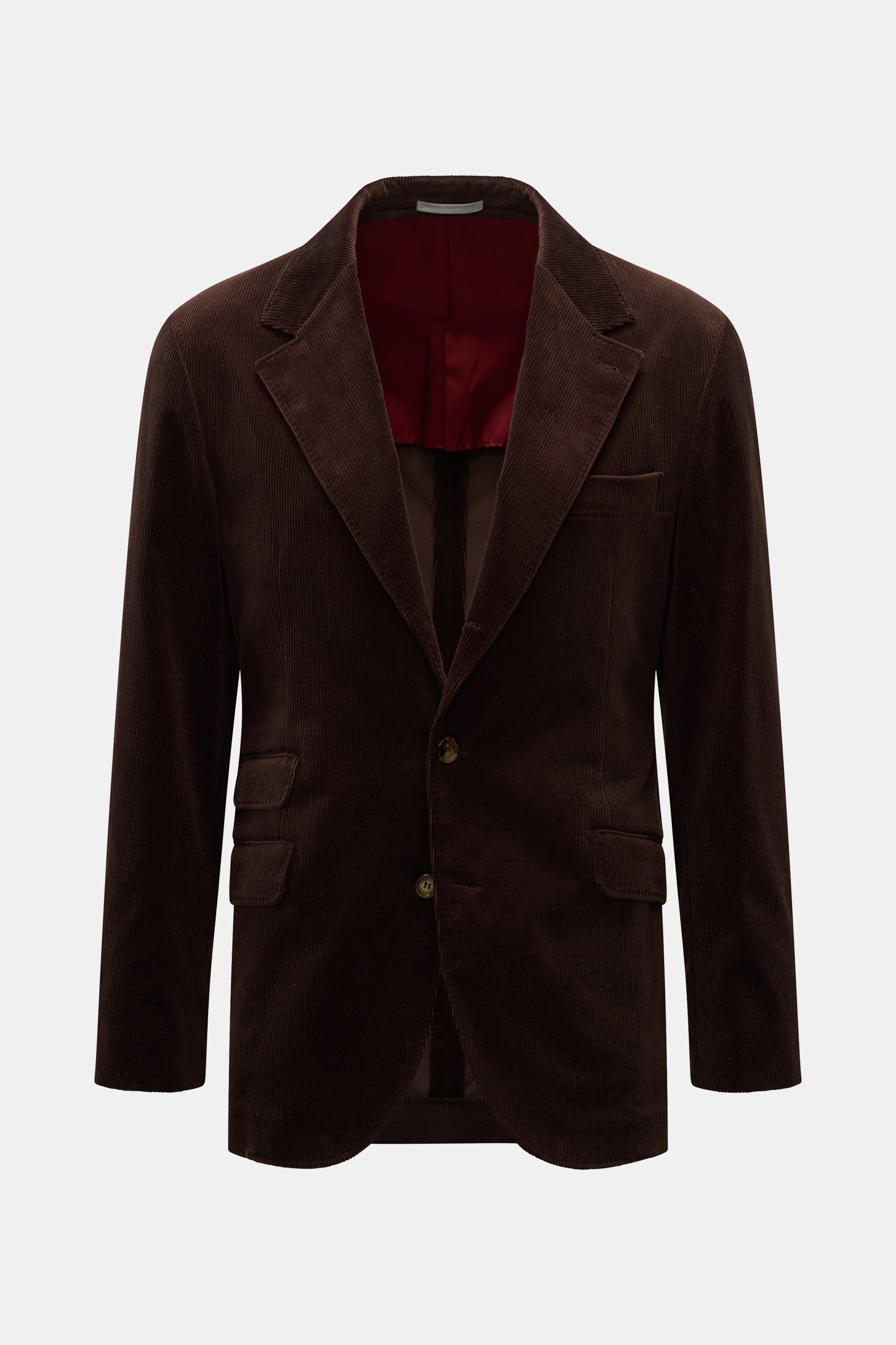 Brunello Cucinelli Cordsakko dunkelbraun, slim Fit, tailliert, aus Baumwolle-Cashmere, Drei-Knopf-Stil, fallendes Revers, Brust- und Patten-Hüfttaschen, halb gefüttert, Vorderansicht.