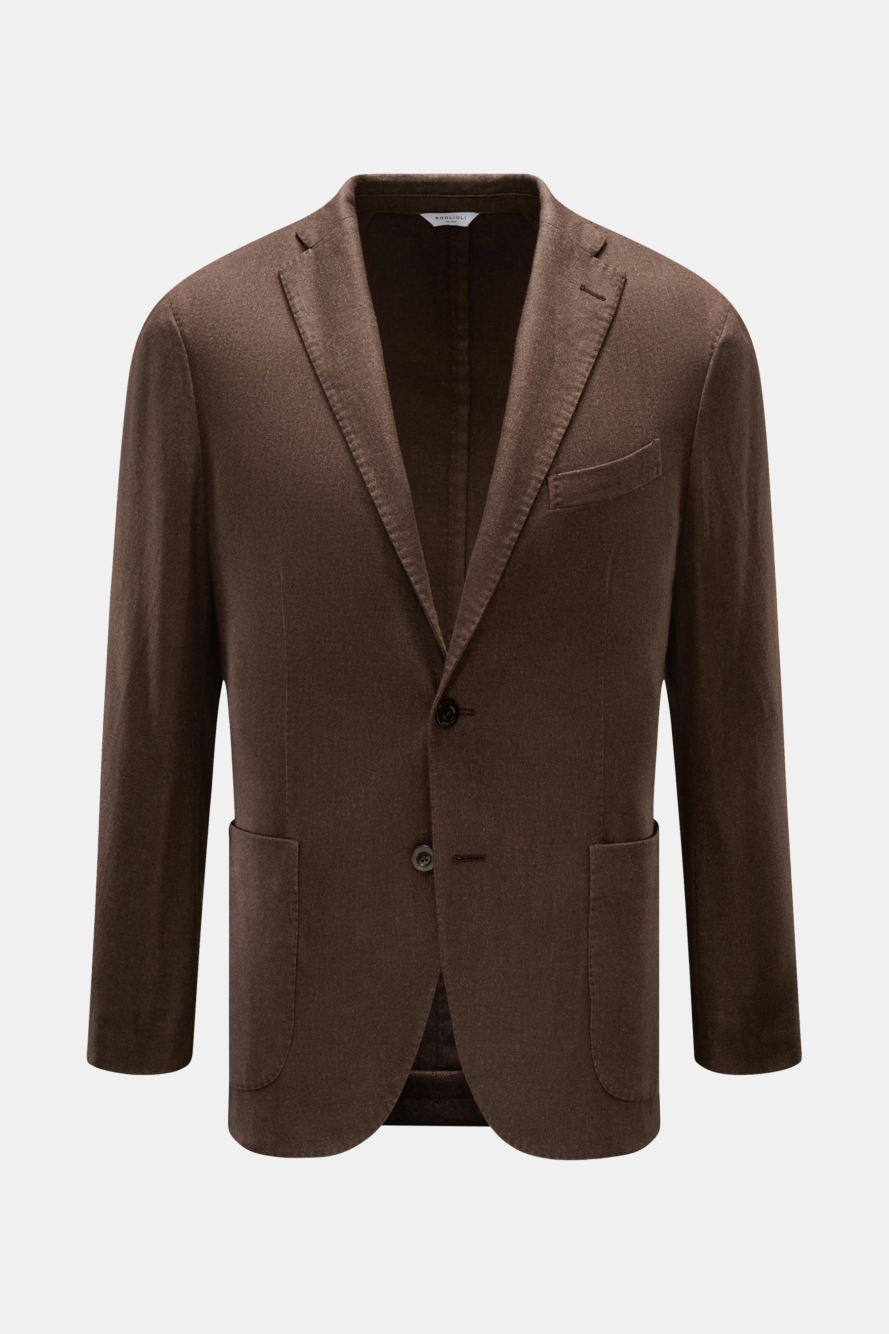 Boglioli Sakko 'K. Jacket' braun, Slim-Fit mit klassischem Schnitt, fallendem Revers, zwei Knöpfen, Brust- und Hüfttaschen, halb gefüttert, frontal fotografiert.