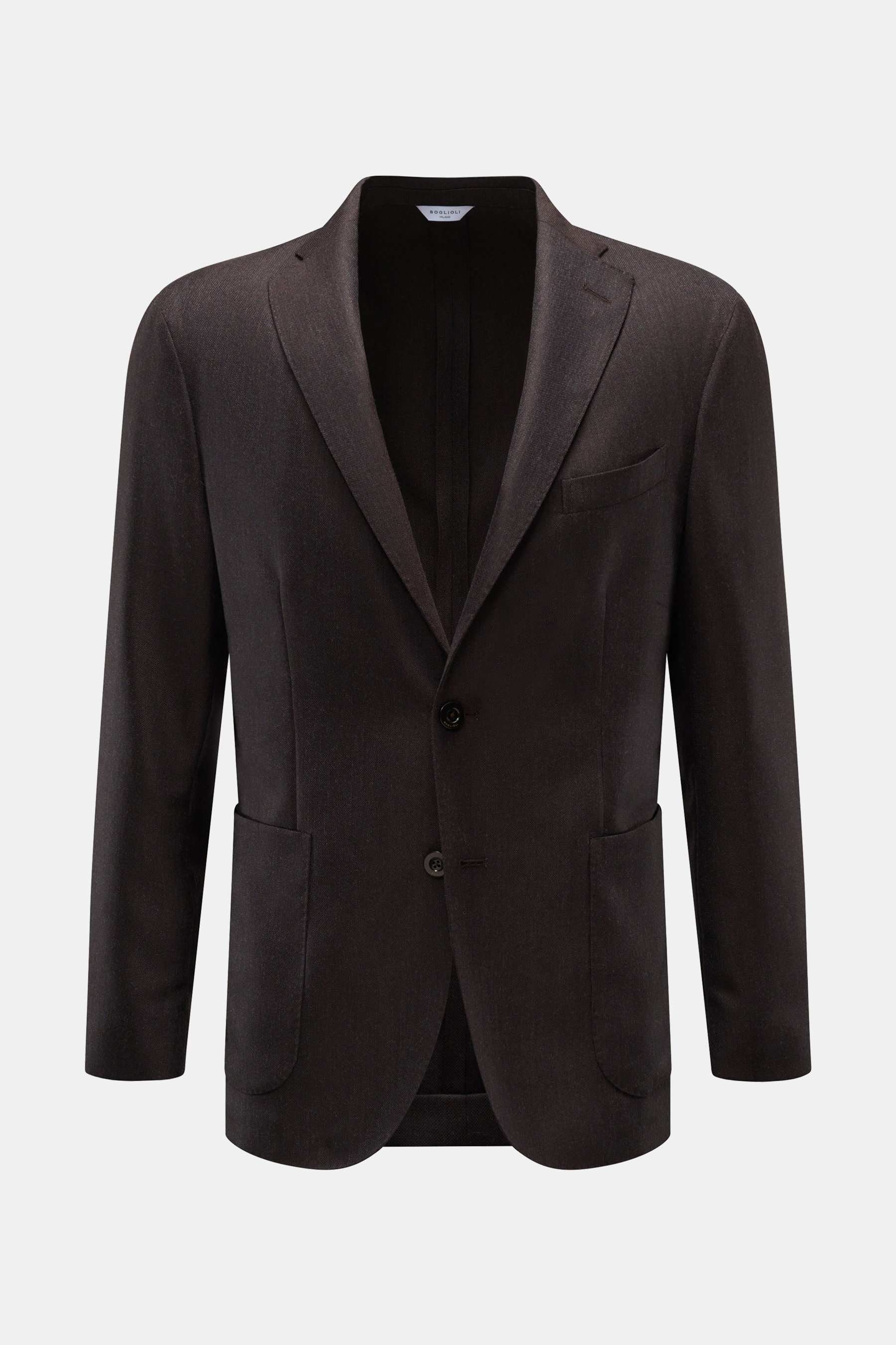 Front view of Boglioli Smart-casual jacket 'K. Jacket' dark brown, slim fit, pure wool, unconstructed two-button design with step lapel and patch pockets.