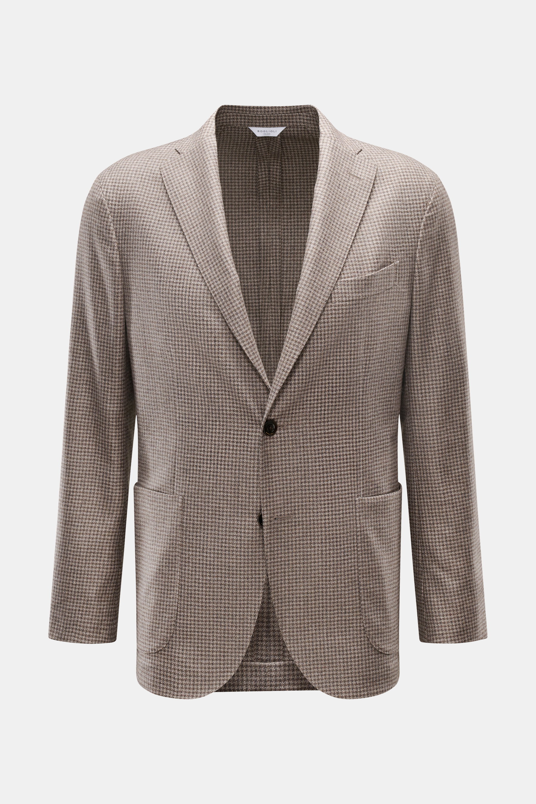 Boglioli Sakko 'K. Jacket' graubraun/dunkelgrau kariert, Slim Fit, Unconstructed Design, fallendes Revers, zwei Knöpfe, Taschen, frontal fotografiert.