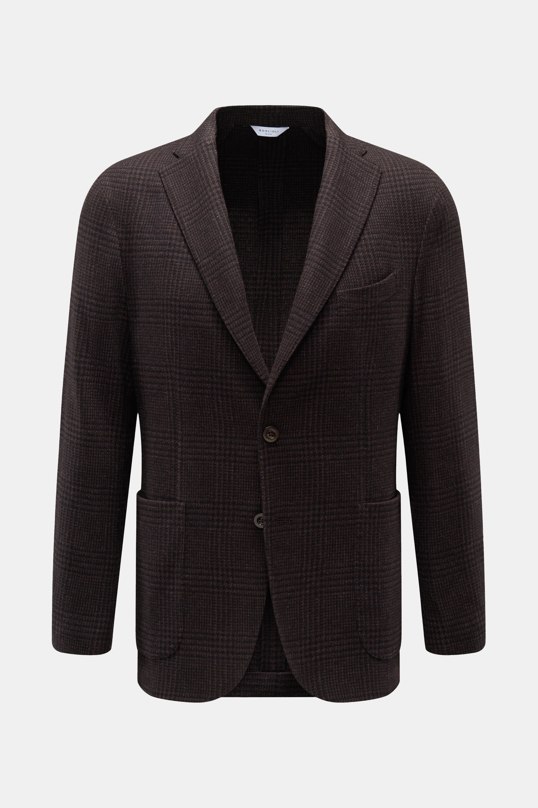 Boglioli Sakko 'K. Jacket' dunkelbraun/schwarz kariert, frontale Aufnahme, Slim Fit, Woll-Cashmere-Mix, Glencheck, zwei Knöpfe, aufgesetzte Taschen, fallendes Revers.