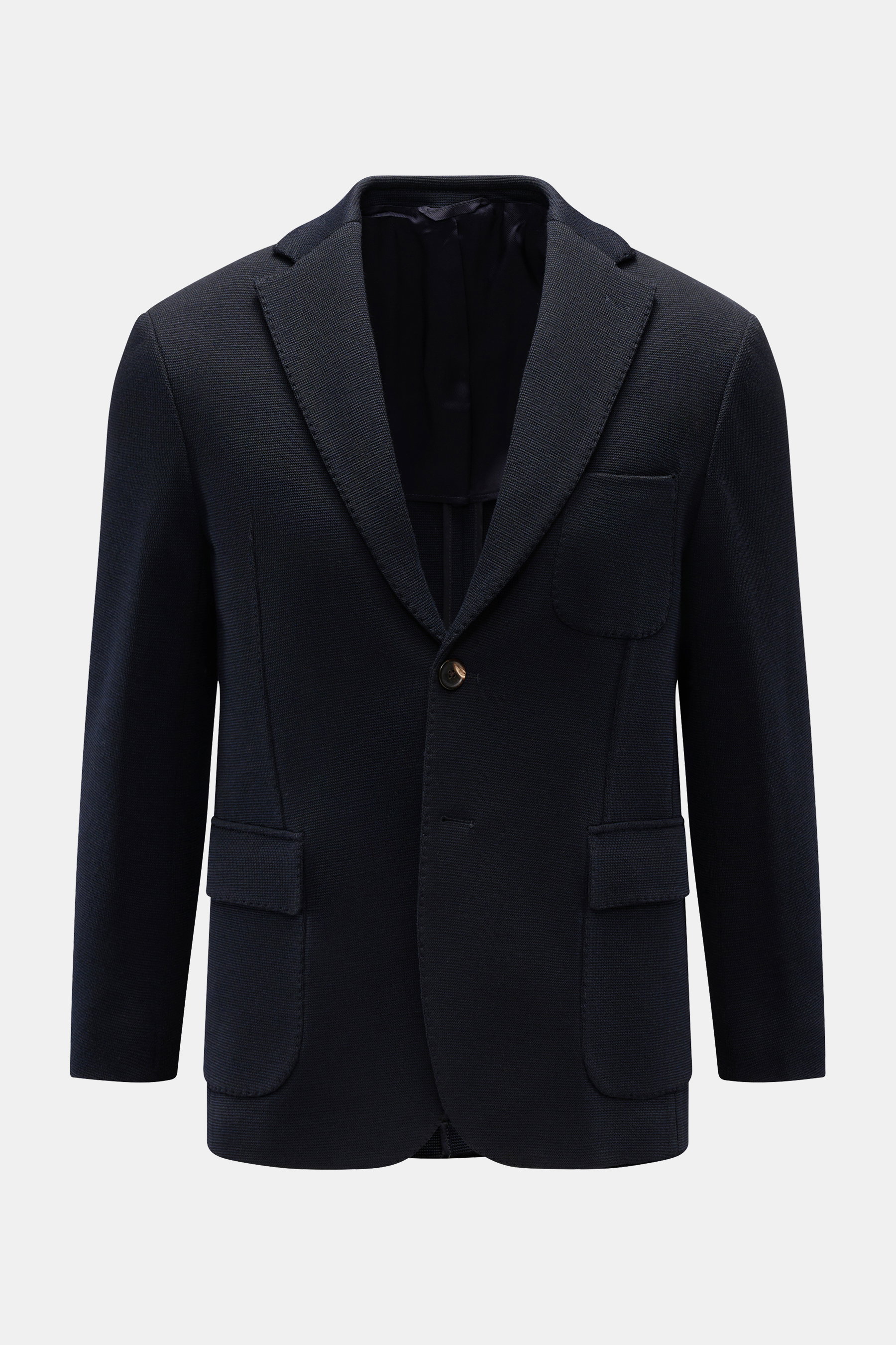 Doppiaa Strickblazer 'Aanfiro' navy, frontale Ansicht, taillierter Zwei-Knopf-Stil, elastischer Woll-Microfaser-Strick, Slim Fit, aufgesetzte Taschen, fallendes Revers.