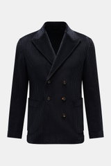 Front view of the Doppiaa Corduroy smart-casual jacket 'Aansonia' navy, slim fit, double breasted three-button style with pointed lapel, patch hip pockets, sleeve cuff with concealed button, side vents at the back, one inside pocket, made of cotton cordur