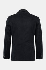 Back view of the Doppiaa Corduroy smart-casual jacket 'Aansonia' navy, slim fit, corduroy made of cotton, double breasted three-button style, pointed lapel, patch hip pockets, sleeve cuff with concealed button, side vents at the back, one inside pocket.