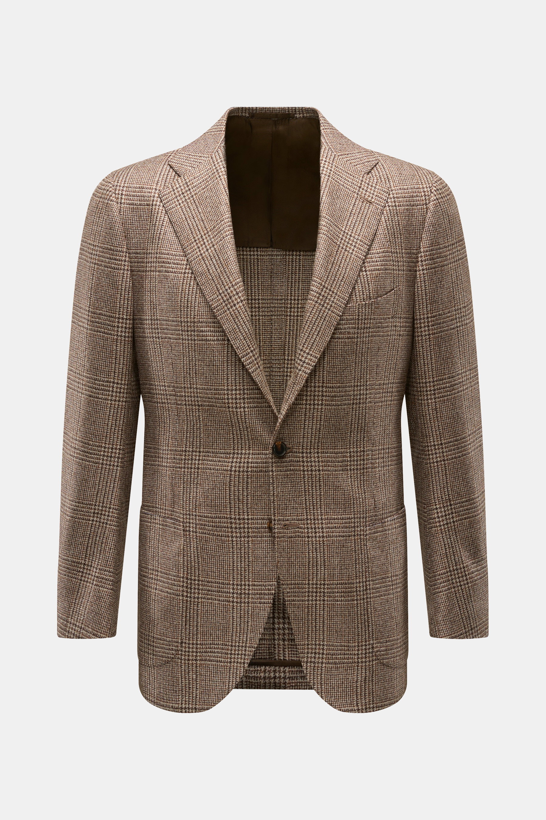Cesare Attolini Cashmere Sakko braun/beige kariert, frontale Ansicht, Slim Fit, Glencheck, reiner Cashmere, tailliert, drei Knöpfe, fallendes Revers, Brust- und Hüfttaschen.