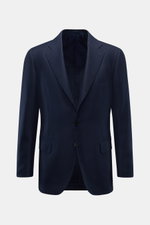 Front view of Cesare Attolini Cashmere smart-casual jacket navy, made of pure cashmere with soft feel, slim fit, fitted three-button style, step lapel, classic breast pocket, patch hip pockets, unfinished sleeve cuffs, side vents at the back, half lined, 
