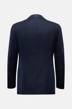 Rear view of Cesare Attolini Cashmere smart-casual jacket navy, pure cashmere slim fit with step lapel, classic breast pocket, patch hip pockets, unfinished sleeve cuffs, side vents, half lined, and three inside pockets. Enjoy luxury from CESARE ATTOLINI: