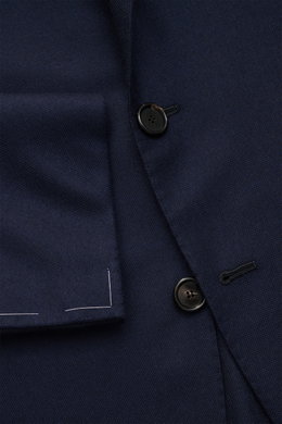 Close-up front view of the Cesare Attolini Cashmere smart-casual jacket navy showing soft pure cashmere fabric, slim fit, fitted three-button style, step lapel, classic breast pocket, patch hip pockets, unfinished sleeve cuffs, side vents, and fine stitch