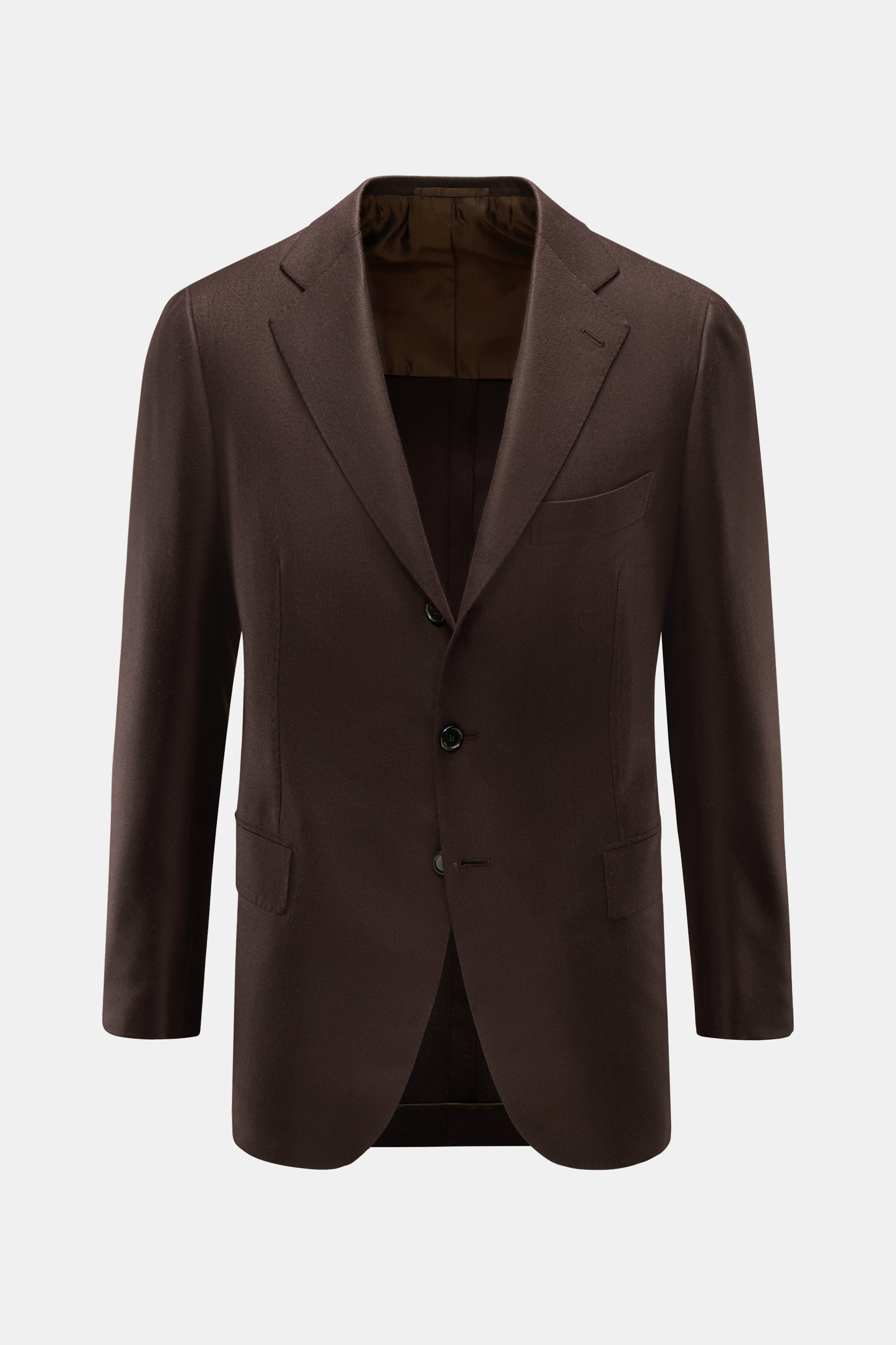 Cesare Attolini Cashmere Sakko dunkelbraun, Slim Fit, taillierter Drei-Knopf-Stil, fallendes Revers, weicher Griff, von vorne fotografiert.