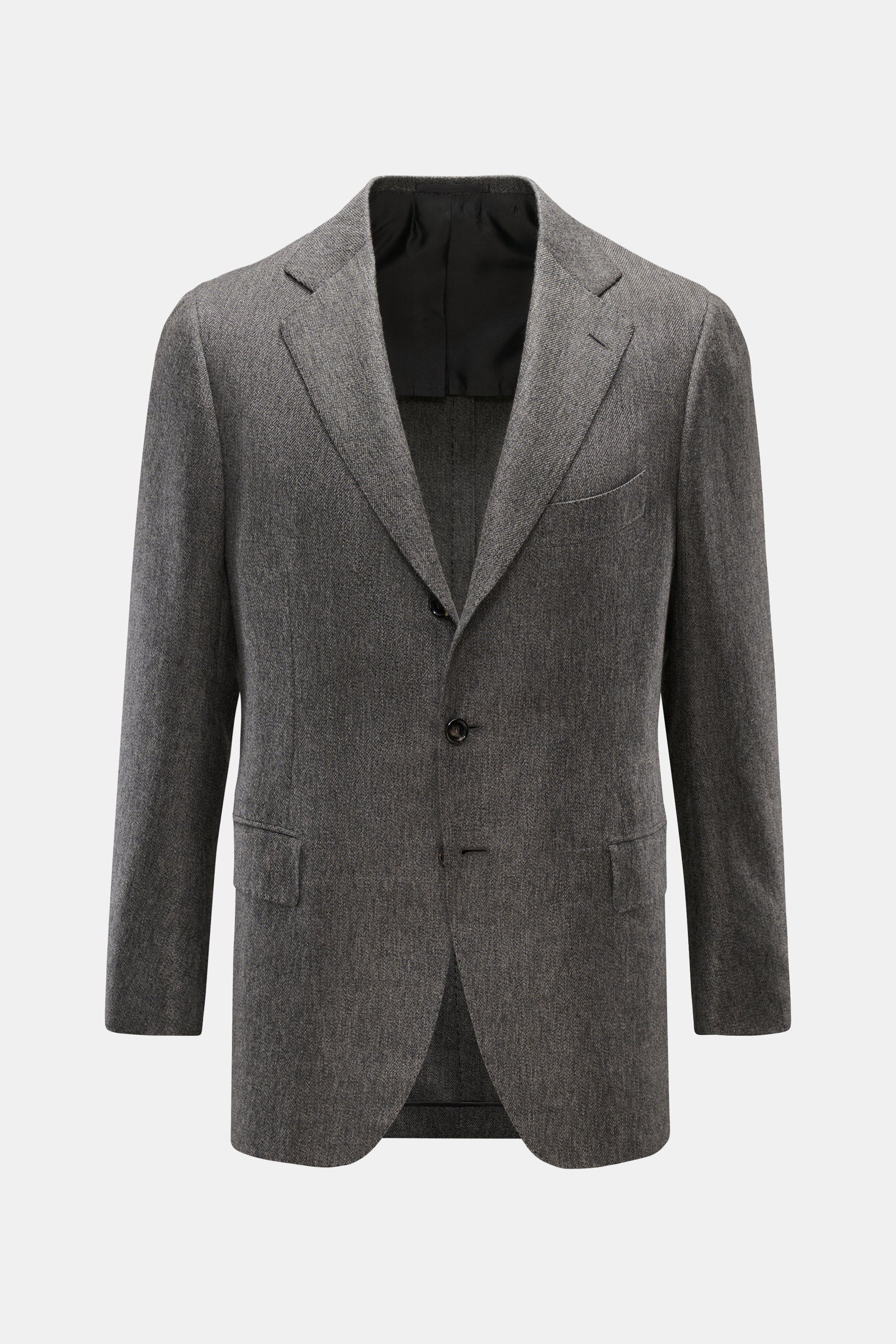 Cesare Attolini Cashmere Sakko grau meliert, Slim Fit, tailliert, Drei-Knopf-Stil, fallendes Revers, Brust- und Hüfttaschen, halb gefüttert, von vorne fotografiert.
