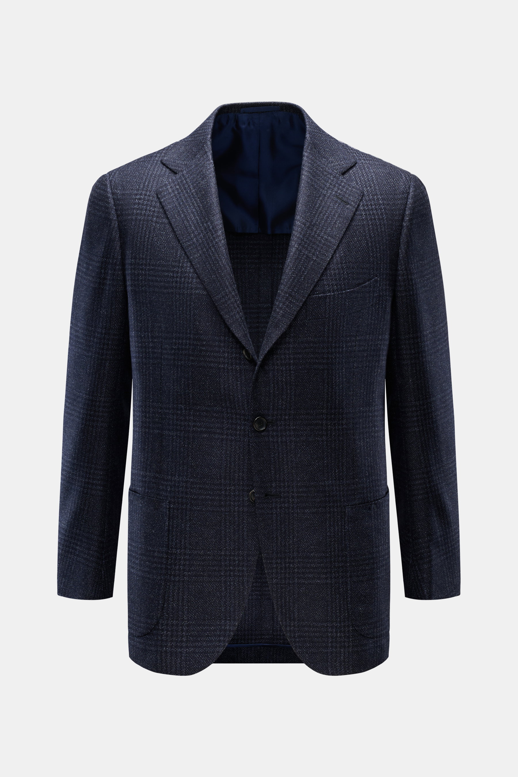 Cesare Attolini Sakko navy/dark navy kariert, frontale Ansicht, Slim Fit, Glencheck aus Wolle und Seide, taillierter Drei-Knopf-Stil, aufgesetzte Taschen.