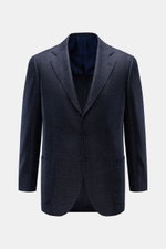 Front view of Cesare Attolini Sakko navy/dark navy kariert, a slim fit, tailored three-button blazer in classic Glencheck pattern made from fine wool and silk with soft touch, featuring notch lapels, chest pocket, patch hip pockets, unfinished sleeve ends