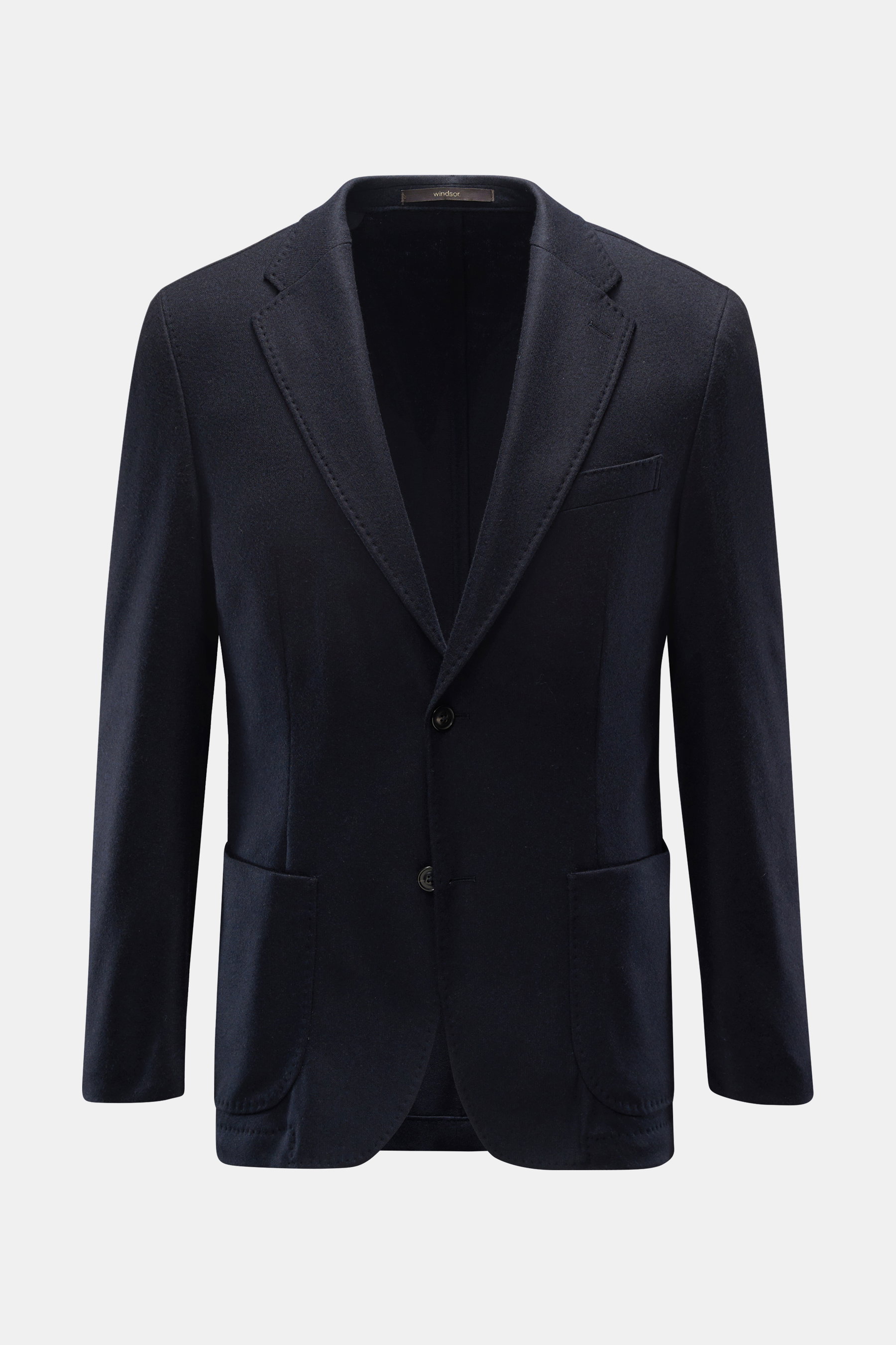 Windsor Cashmere Sakko 'Giro' dark navy, frontal fotografiert, Slim Fit, Strick aus Cashmere, sehr weicher Griff, fallendes Revers, Zwei-Knopf-Stil, klassische Brusttasche, aufgesetzte Hüfttaschen, Kissing Buttons, rückwärtige Seitenschlitze, Unconstructe