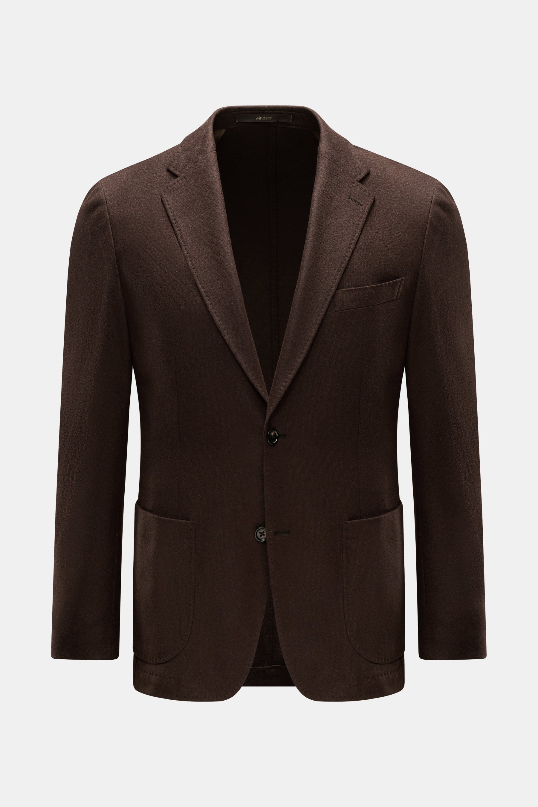 Windsor Cashmere Sakko 'Giro' dunkelbraun, Slim Fit, aus weichem Strick, mit fallendem Revers, zwei Knöpfen, Brust- und aufgesetzten Hüfttaschen, Kissing Buttons, Seitenschlitzen, Unconstructed Design, drei Innentaschen, frontale Perspektive.